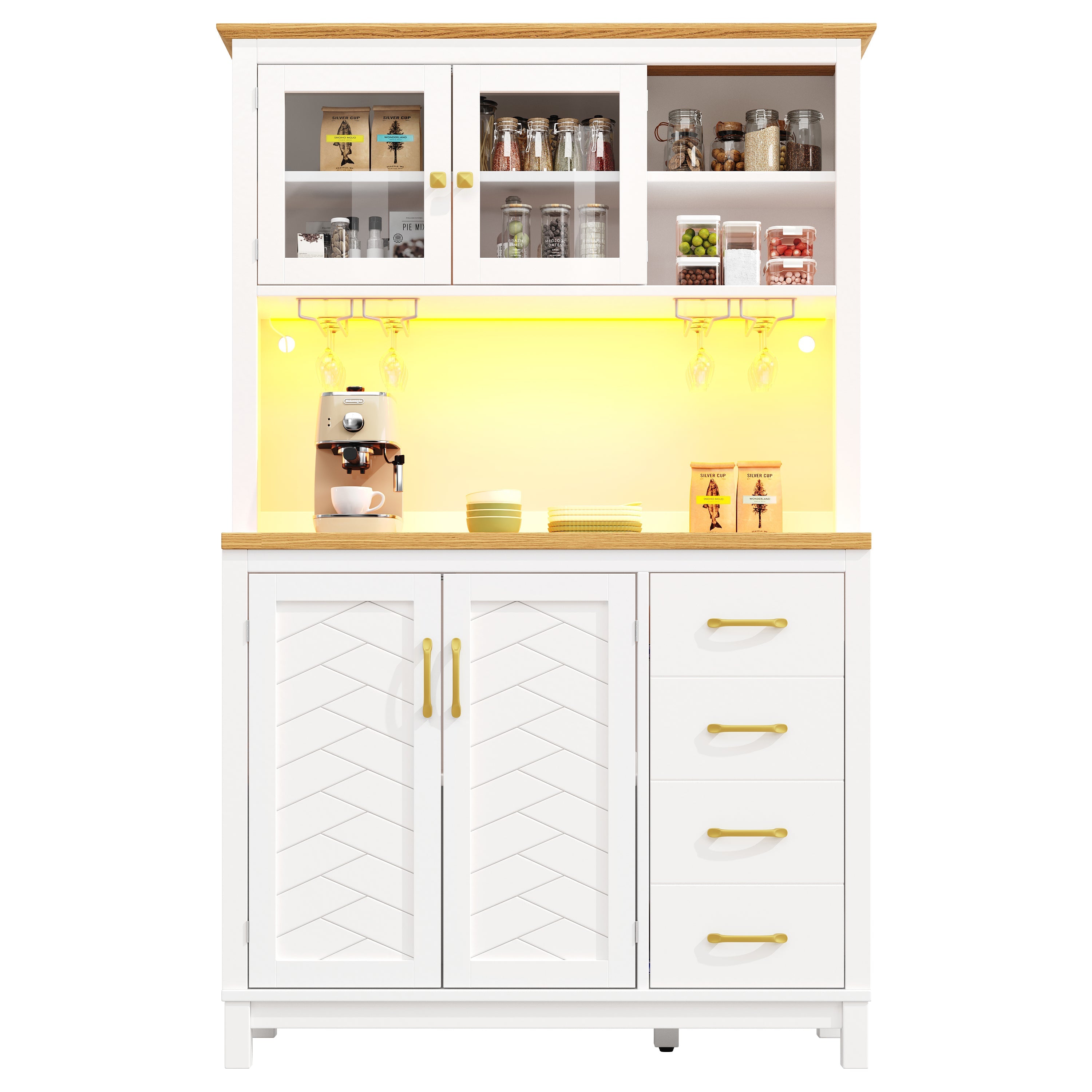Sideboard Kitchen Cabinet with LED Light Strip and Drink Holders, Green/Black/White
