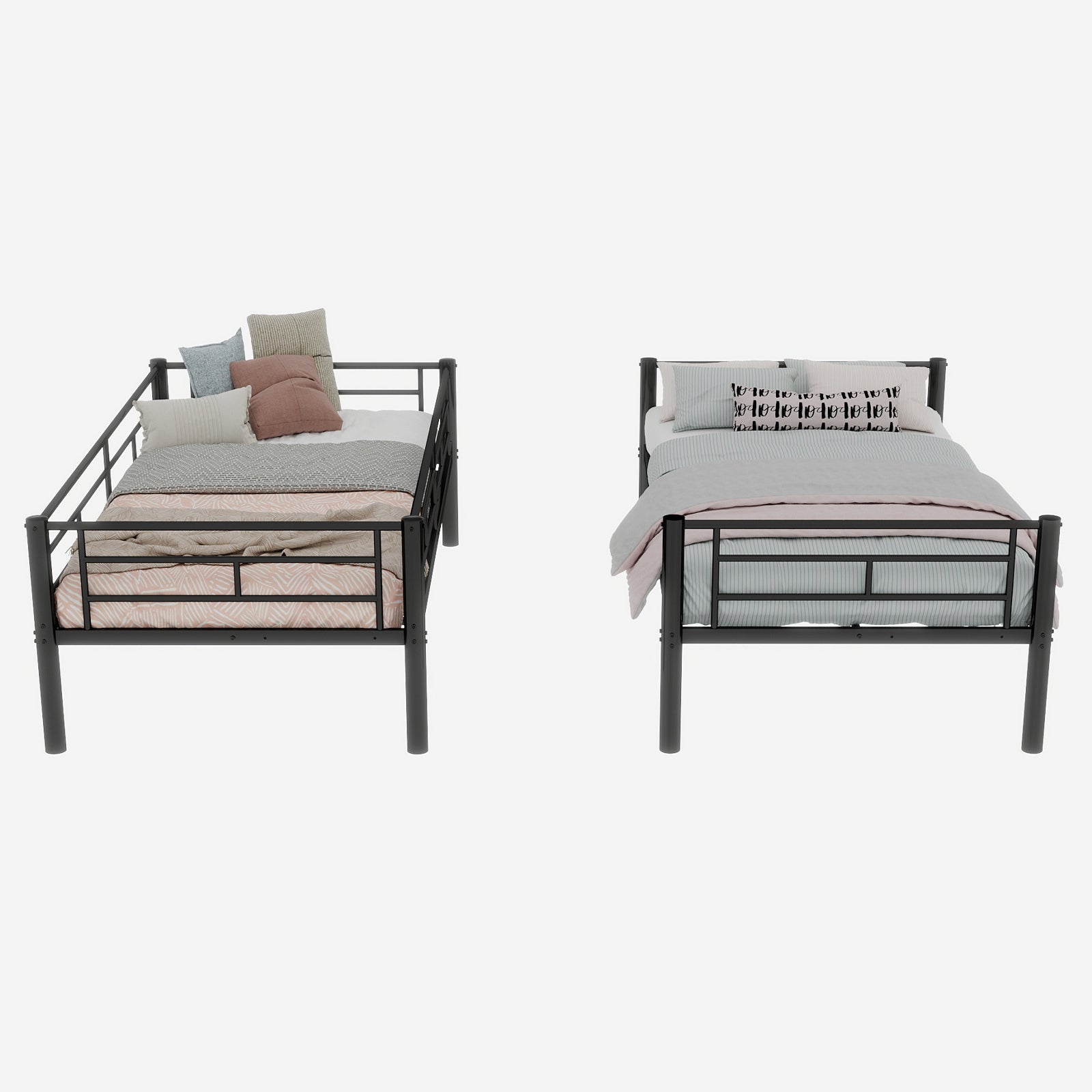 Twin over Twin Bunk Bed Convertible 2 Beds Ladders Railings, Metal Structure