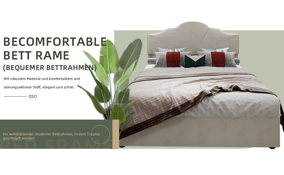 Modern Minimalist Soft Bed, Headboard with Hydraulic Rod, 140x200cm, Beige