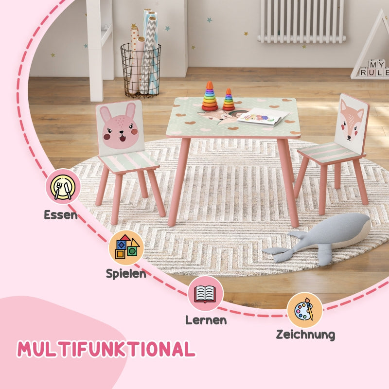 Children's Seating Set, Table with 2 Chairs, Animal Motif, Pine Wood, Pink