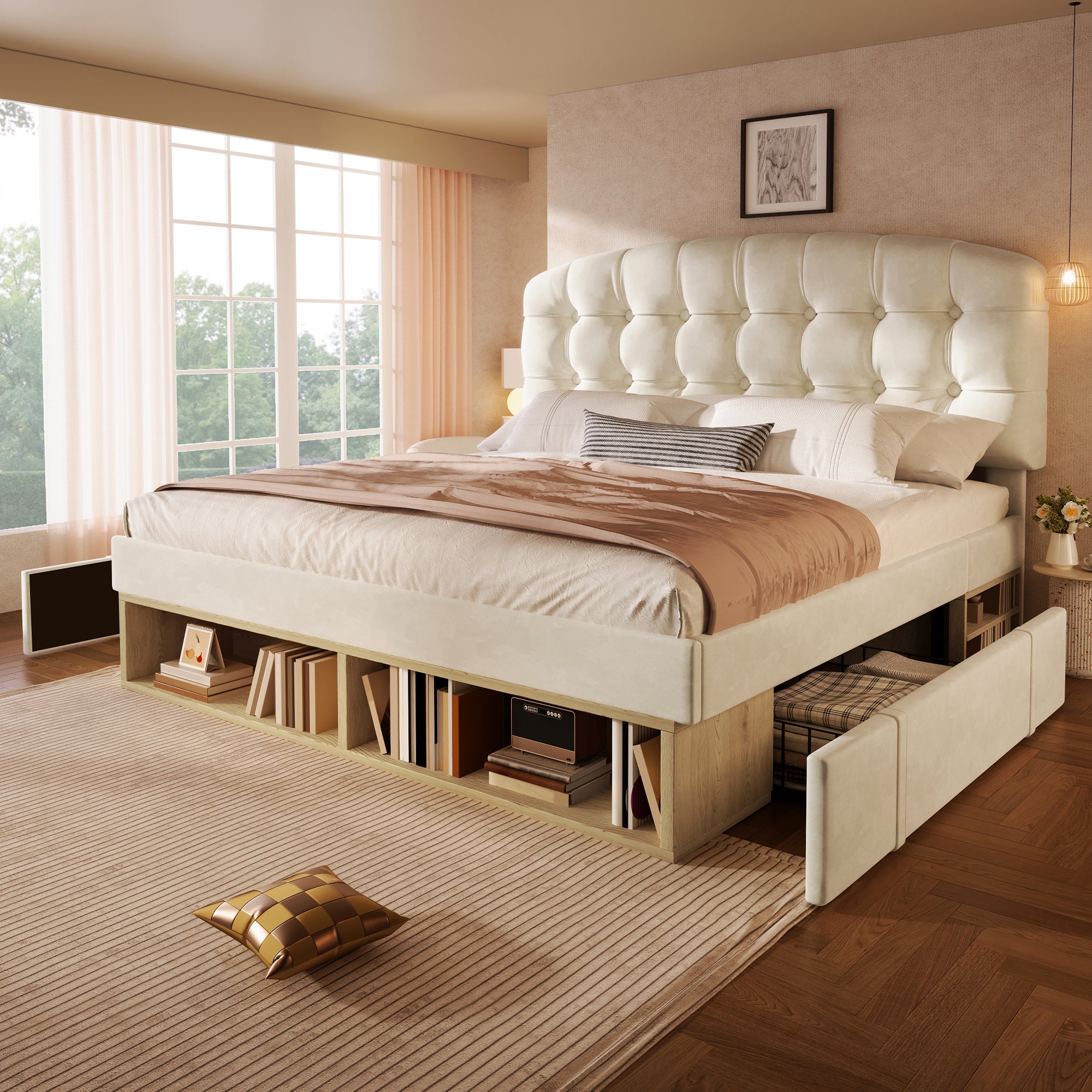 Double Bed with Storage Drawers and Adjustable Headboard, 140x190cm, Beige Velvet