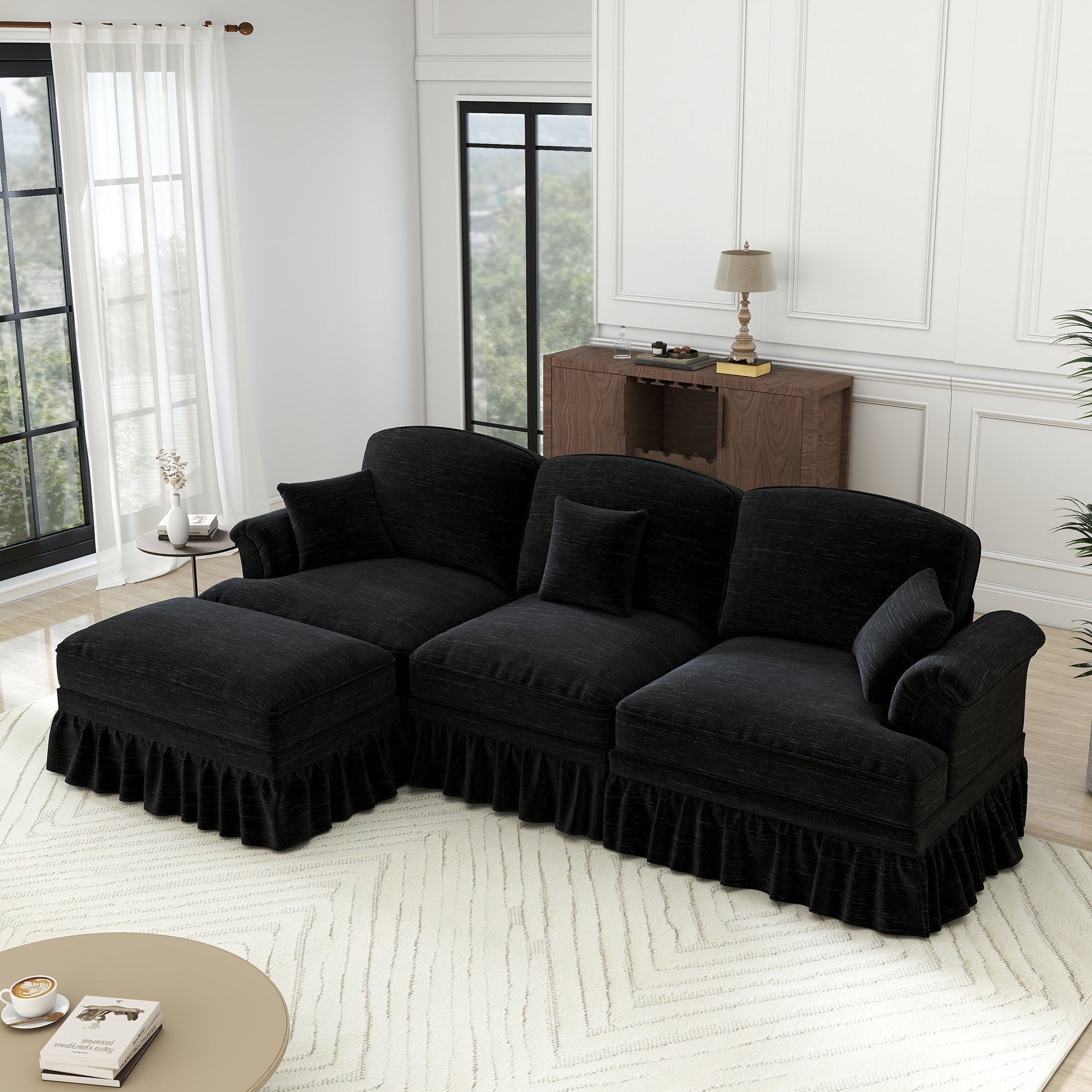 Modular L-Shaped Sofa 3-Seater Mid-Century Ottoman - Chenille Black