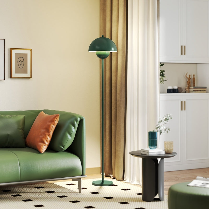 Floor lamp with round shade, reflective light, foot switch, steel stand, green