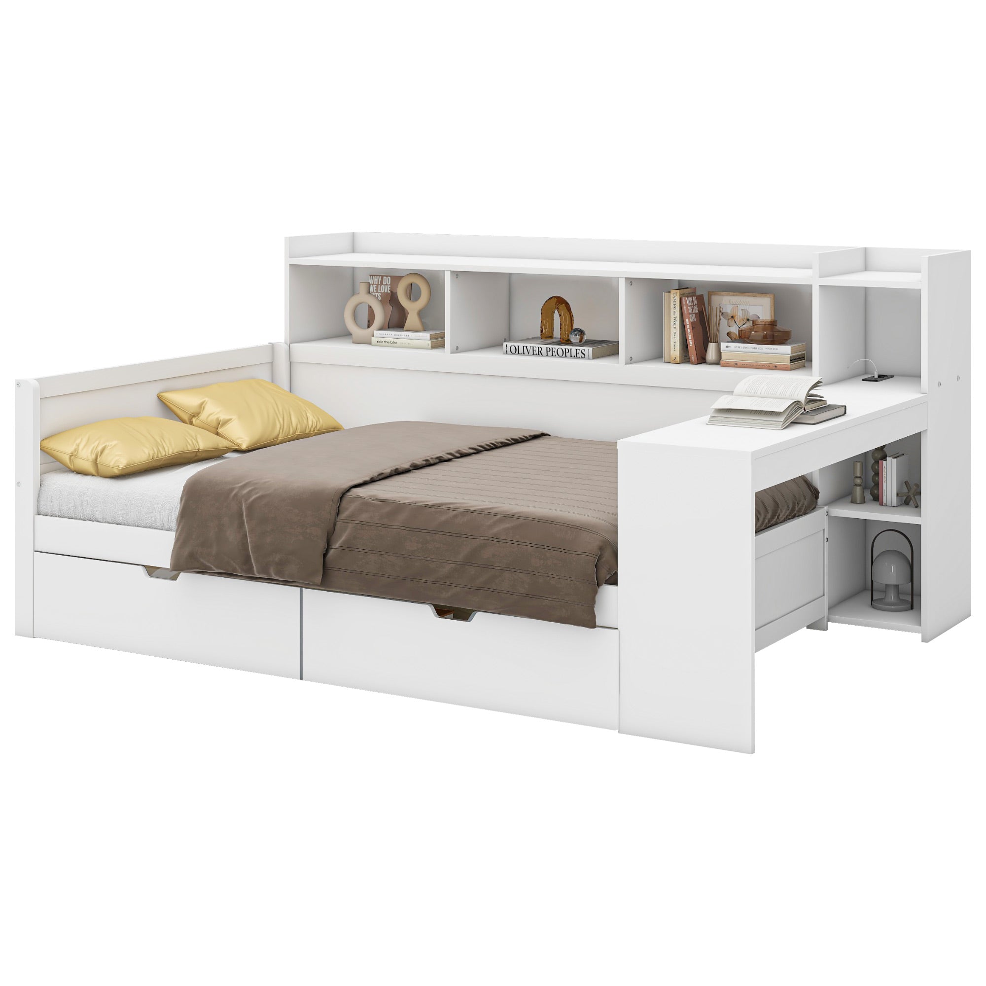 Daybed with Desk and USB Charging Port, 90 x 200 cm with 2 Drawers and Storage Shelves, White Chipboard