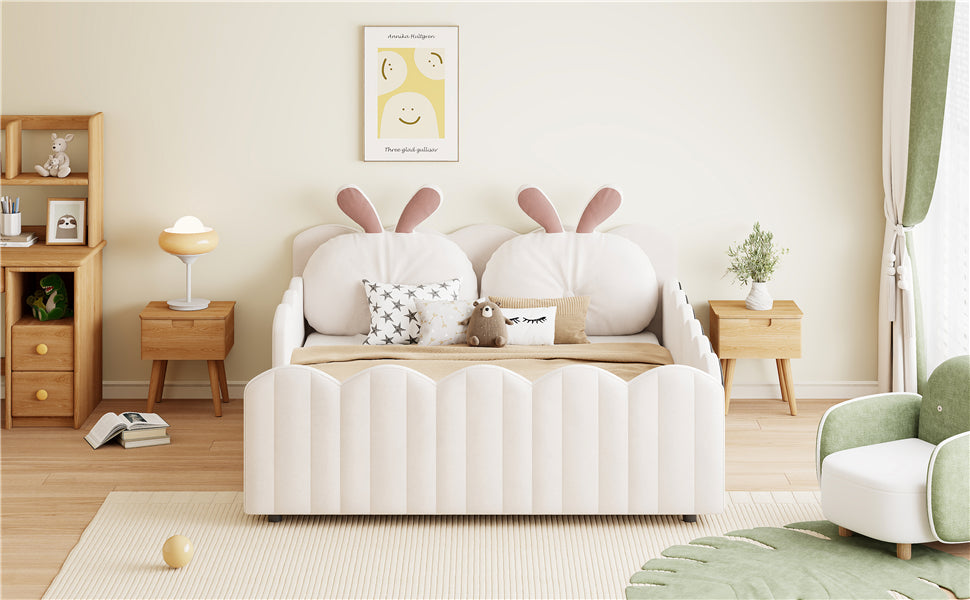 Upholstered Platform Bed with Rabbit-Shaped Cushions, 140x200cm, Beige Velvet