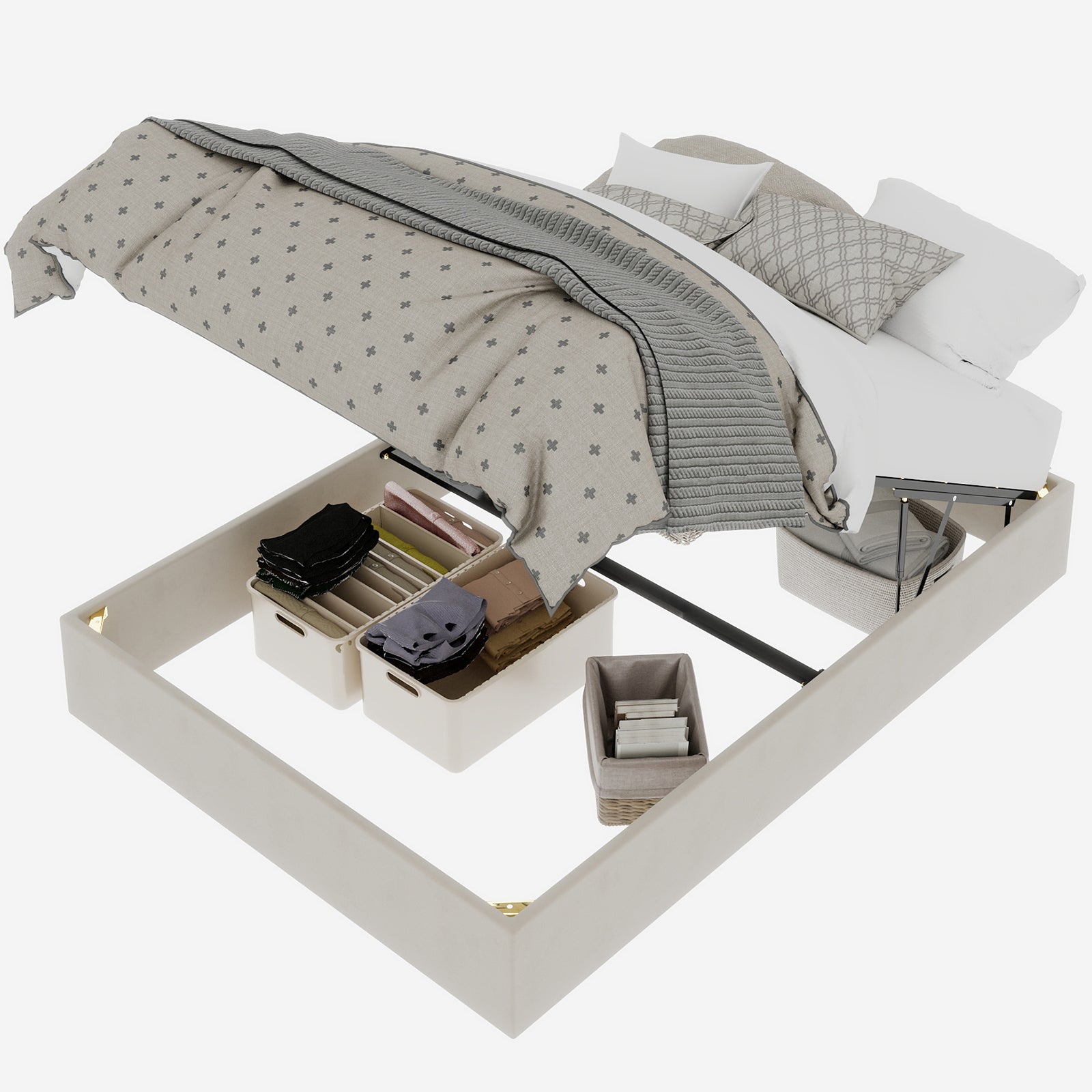 Modern Minimalist Bed Frame, 140x200 cm Gas Lift Storage, Dutch Velvet Beige