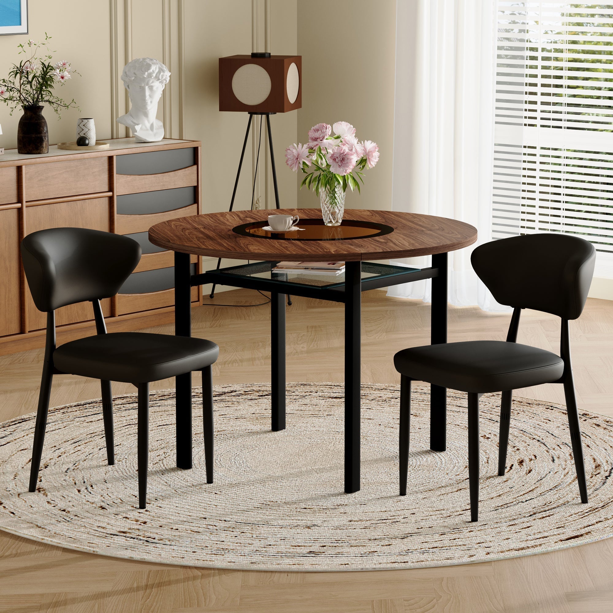 Round Table Set Modern Minimalist 100cm with 2 PU Armchairs - Wood Look/Black