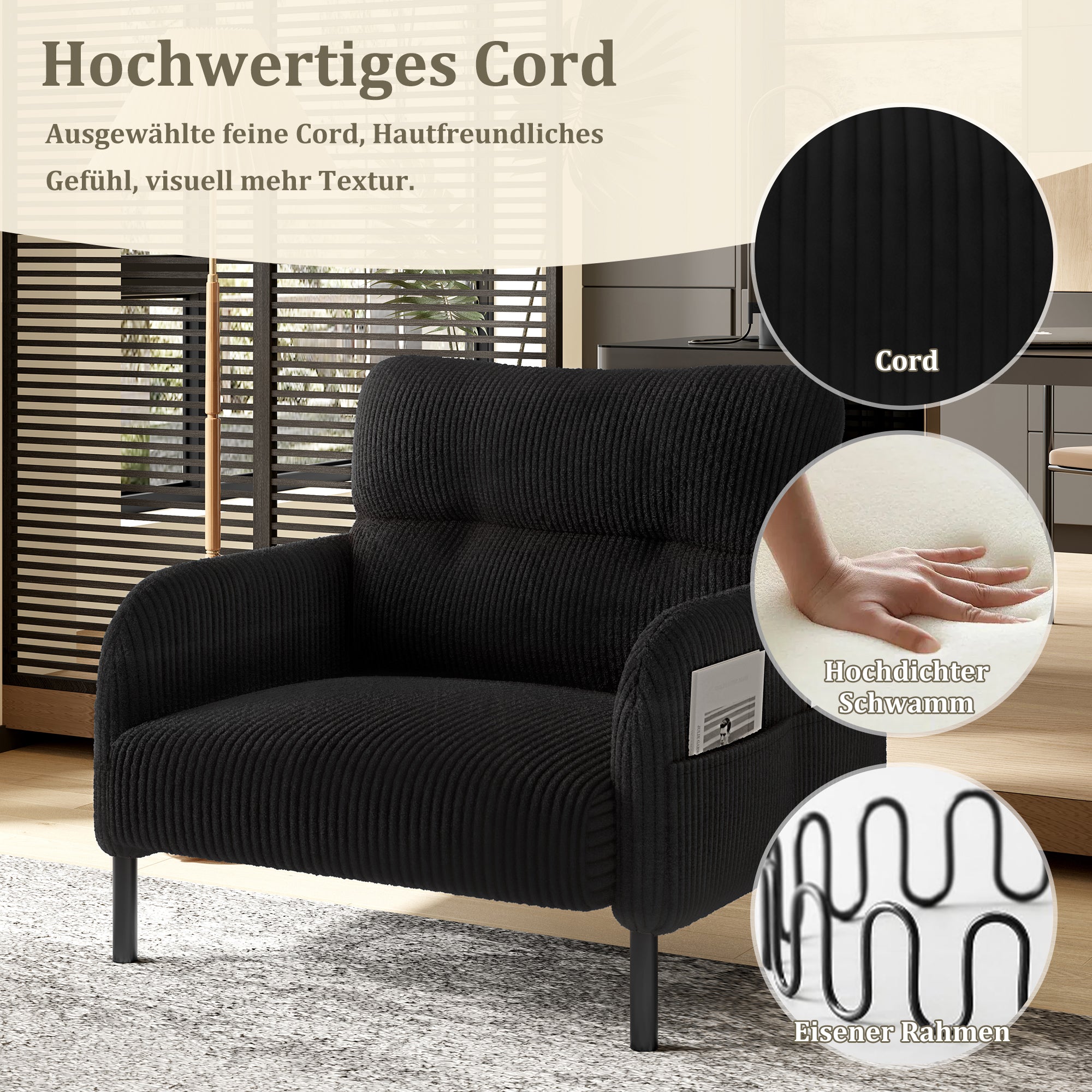 Sofa/Chair Comfortable with Side Pockets, Solid Structure - Velvet Fabric