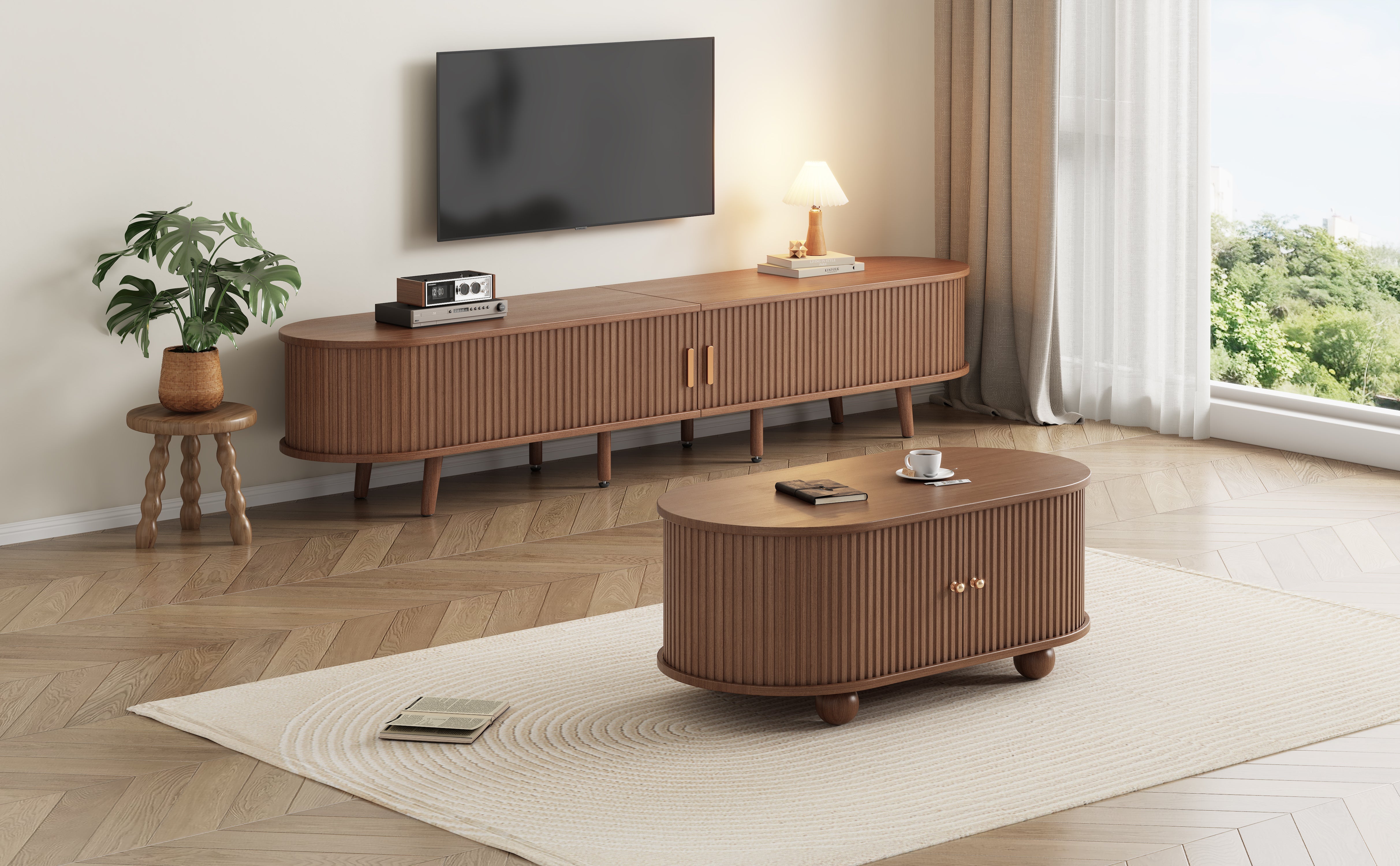 TV Stand and Coffee Table Set, 2 Drawer 2 Sliding Doors for 70 Inch TV, Dark Walnut MDF