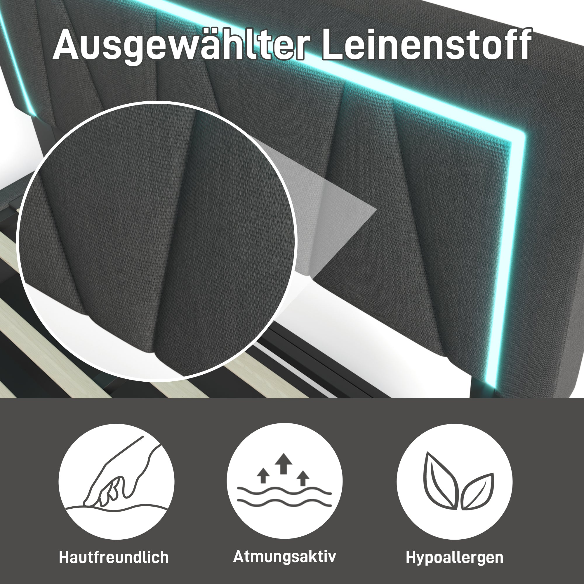 Upholstered Bed, Double LED with USB-C & Storage, Linen