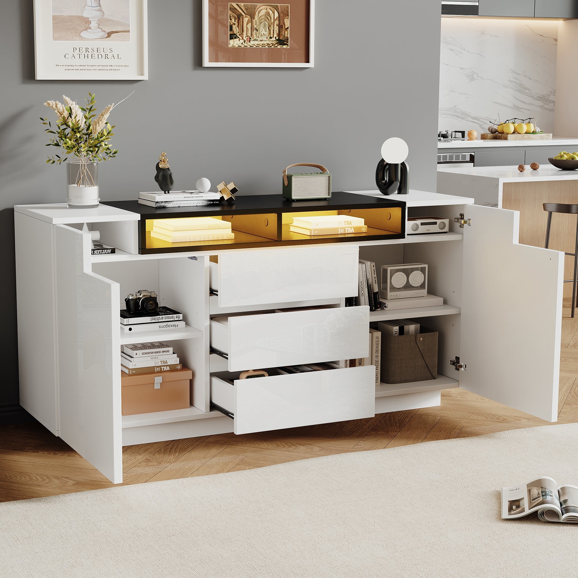 Sideboard Cabinet 140x40x68cm Adjustable Dividers LED Lights 3 Drawers, High-Gloss White/Black