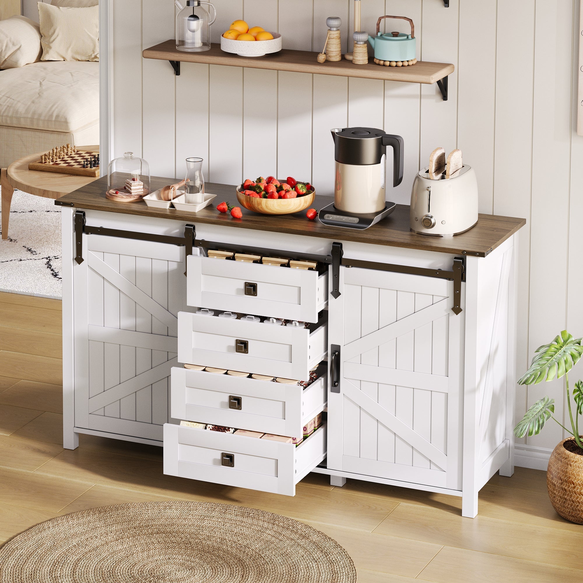 Sideboard 137cm Sliding Doors 4 Drawers Vintage Storage - White
