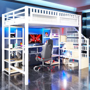 Loft Bed with Desk, Storage Ladder, LED Lights and USB Port, White Metal and MDF