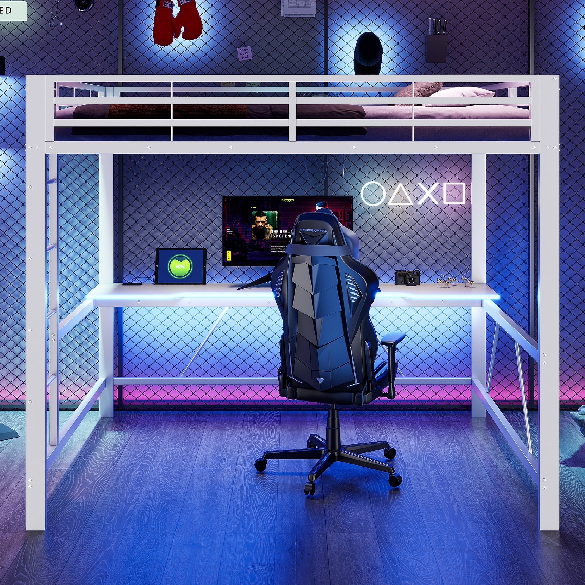 Gaming Loft Bed Frame with 160x200 Desk, LED and USB, White Metal
