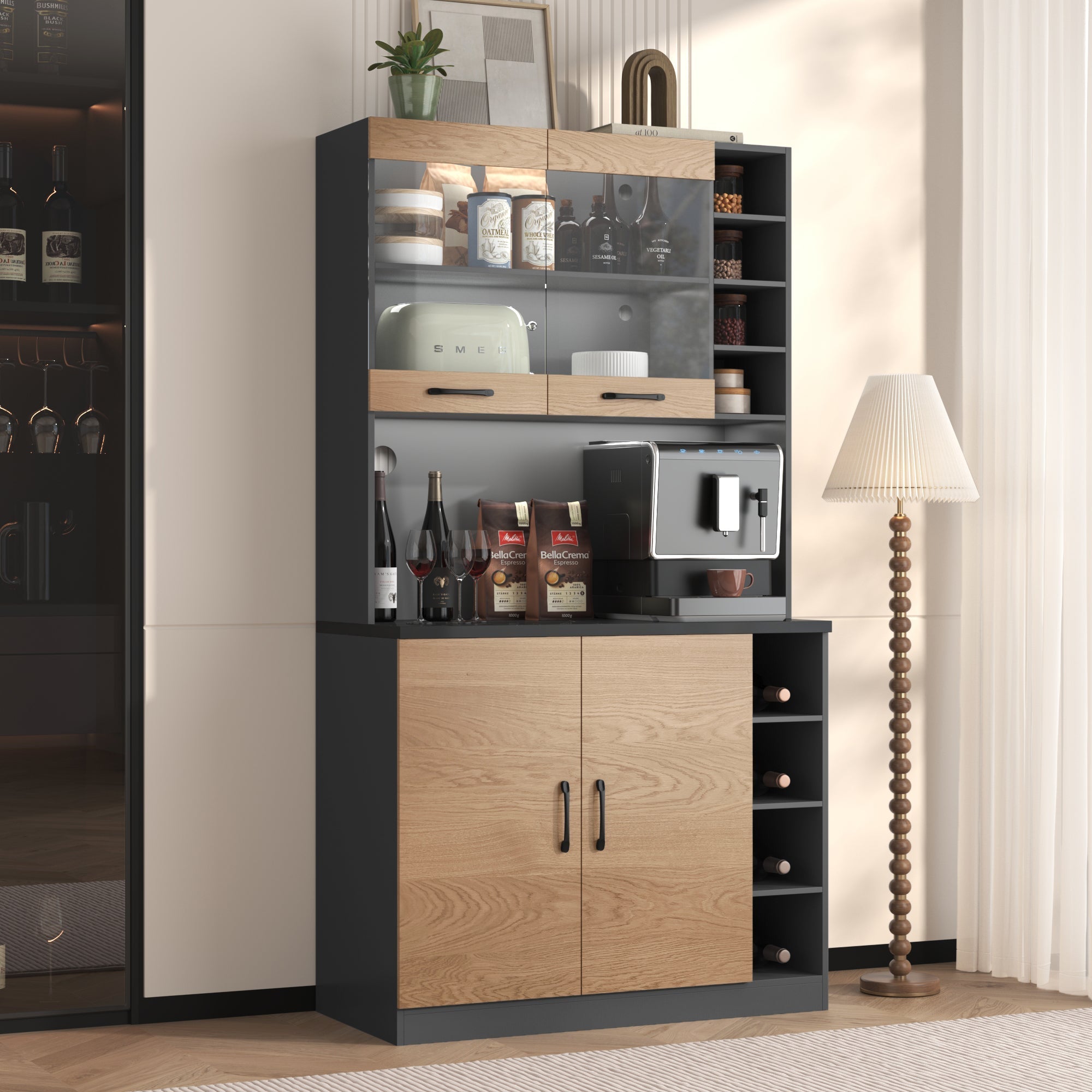 Kitchen Highboard Buffet 100x187cm LED Lighting Microwave Storage - Wooden