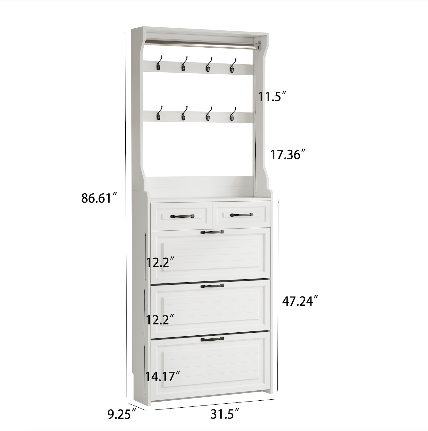 Shoe Cabinet with Hanger, 3 Doors & 2 Drawers - White