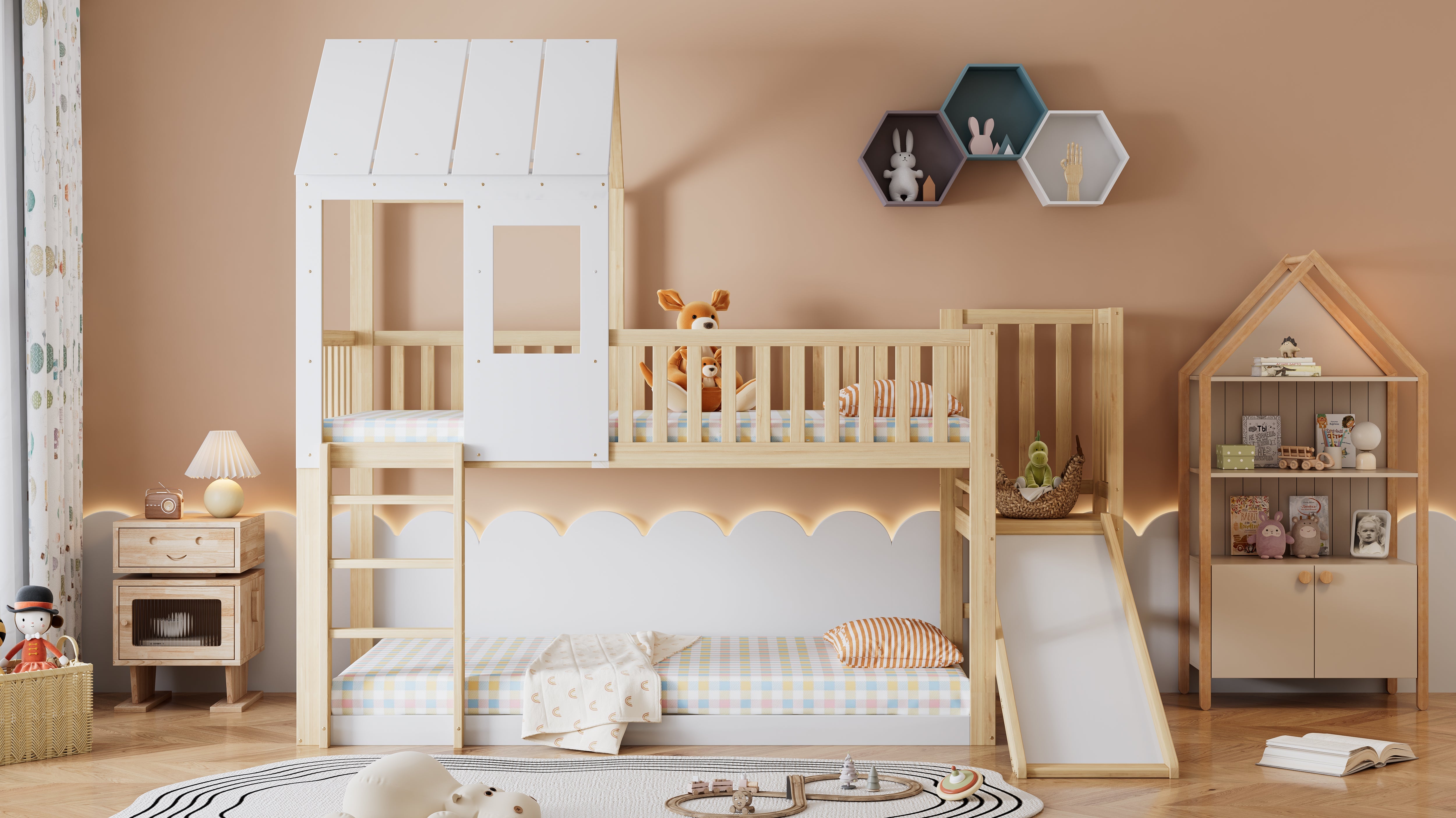Bunk Bed with Ladder, Slide, Roof & Window, Pine Wood, Natural + White
