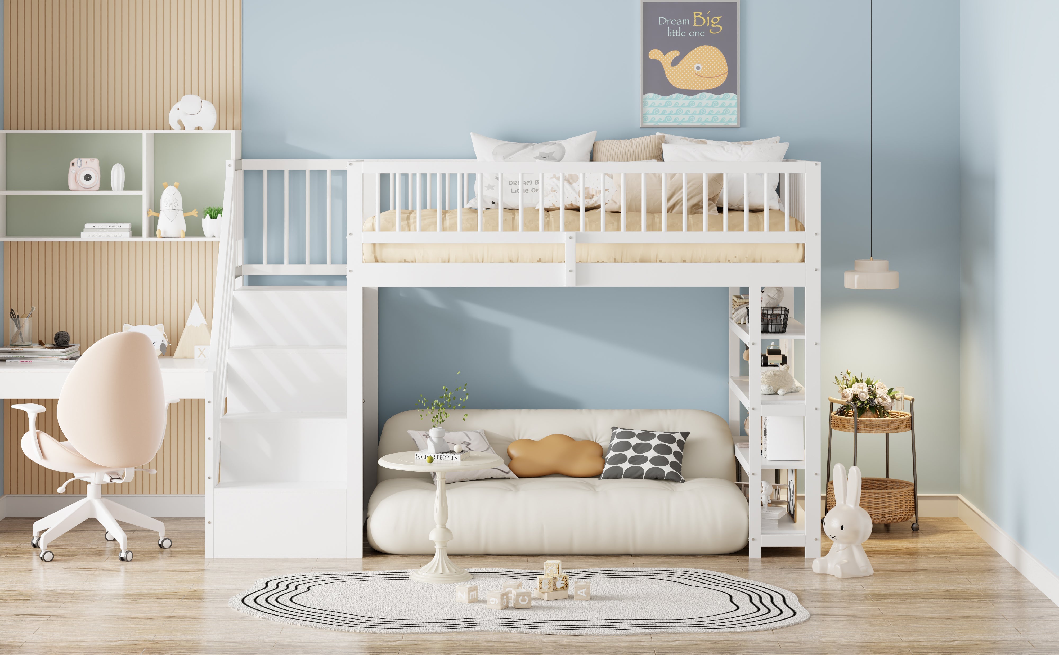 Loft Bed, 90x200 Multifunctional with Wardrobe, Shelves, Ladder, Solid Wood, White