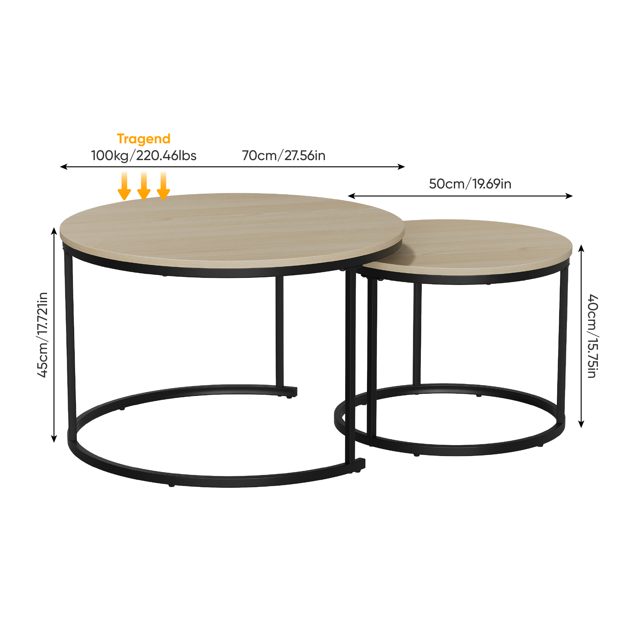 Nesting Coffee Table Set, Two-Piece Round 70cm Diameter with Metal Frame, Oak Wood Veneer