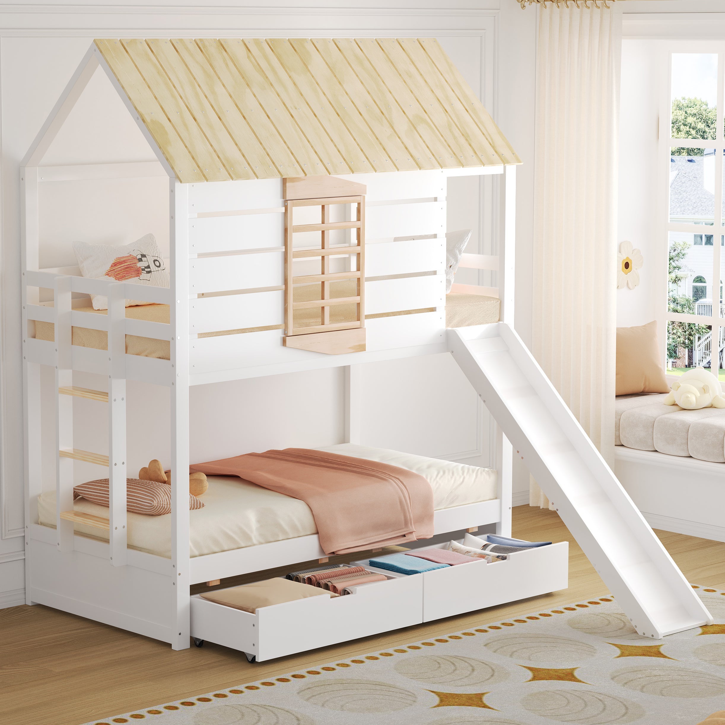 House Bunk Bed with Slide and 2 Storage Drawers, 90x200cm, White and Natural