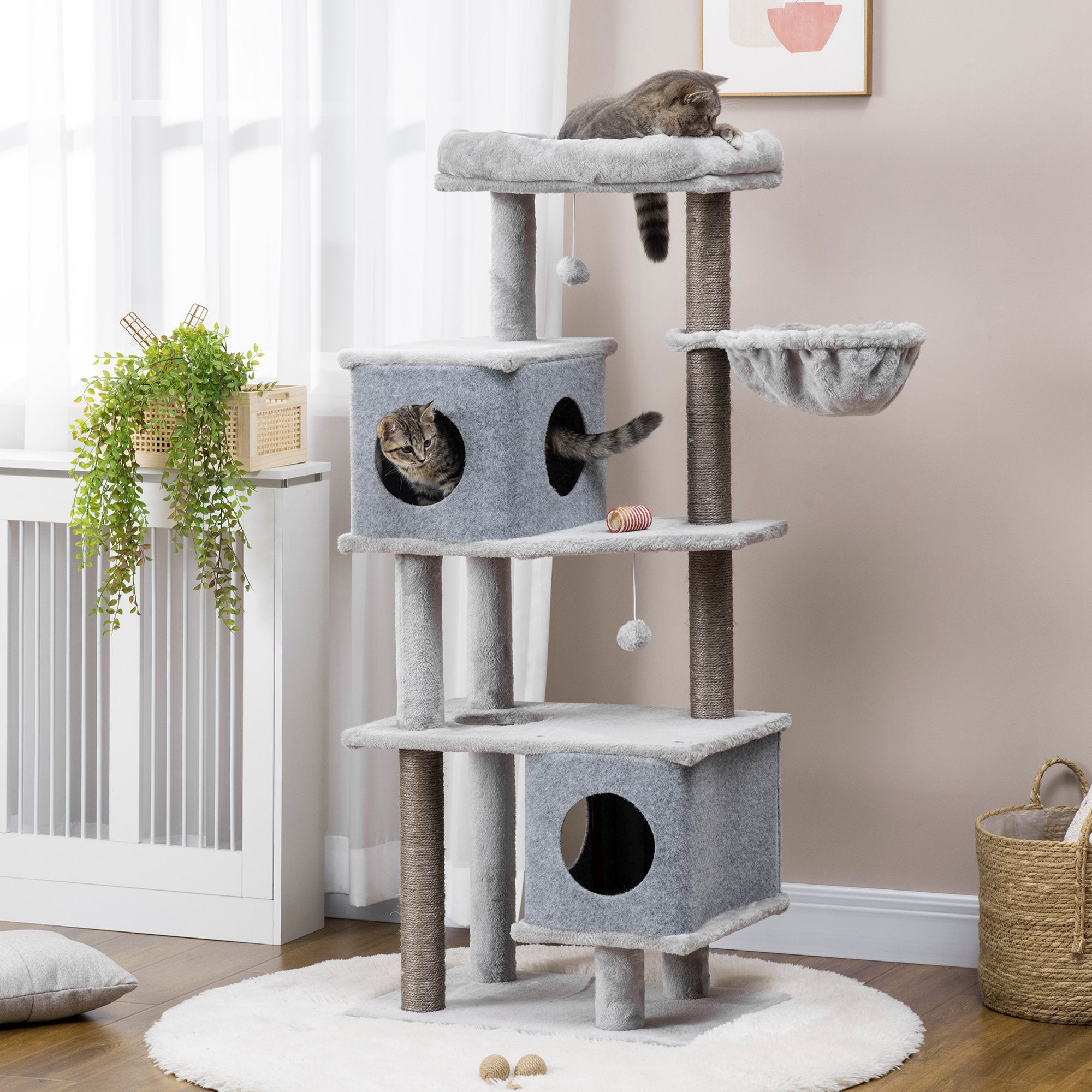 Cat Tree 142cm Sisal Post Caves Platforms, Grey