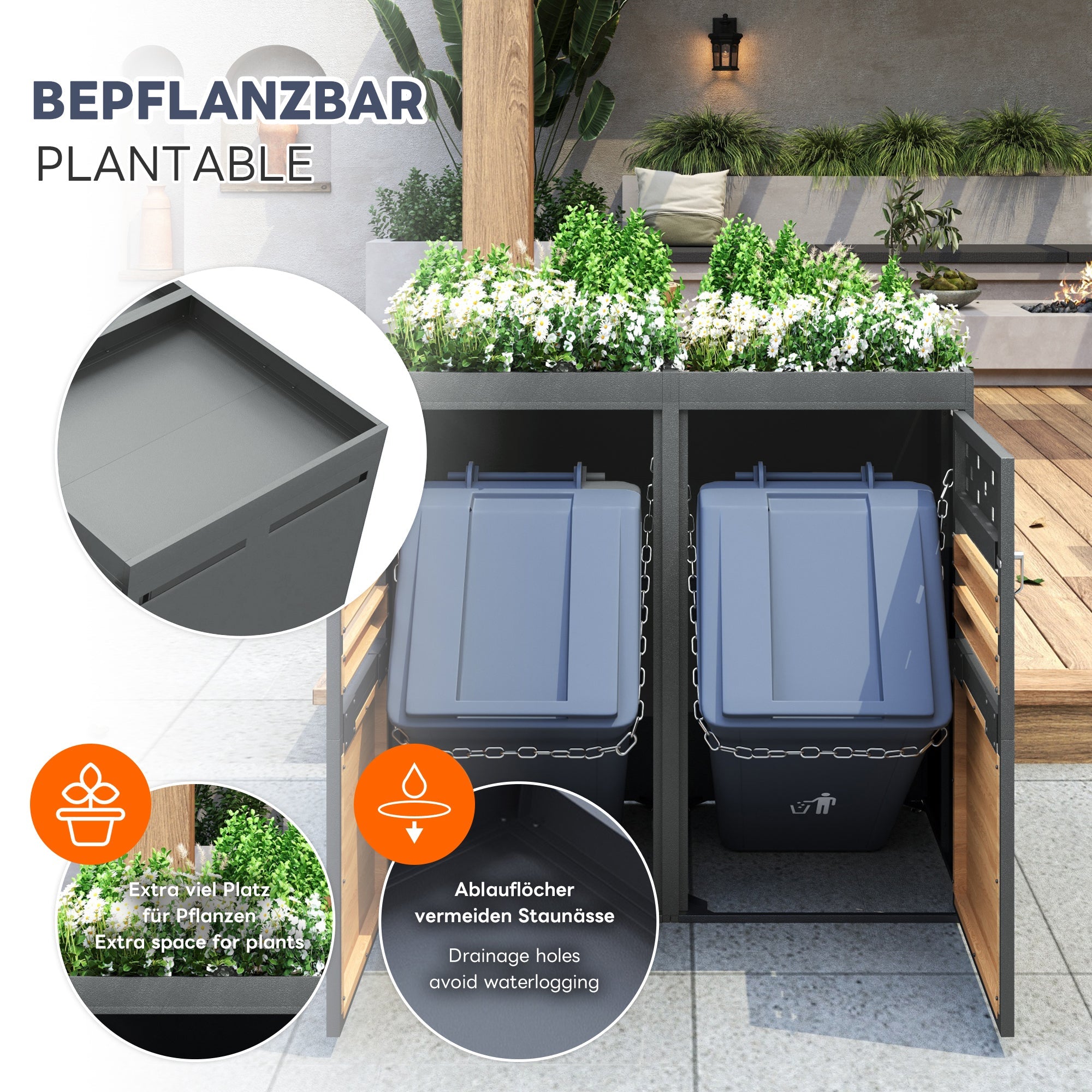 Garbage Can Storage Box for 2, with Planting Roof, 120-240 Liters, Anthracite Wood-Look
