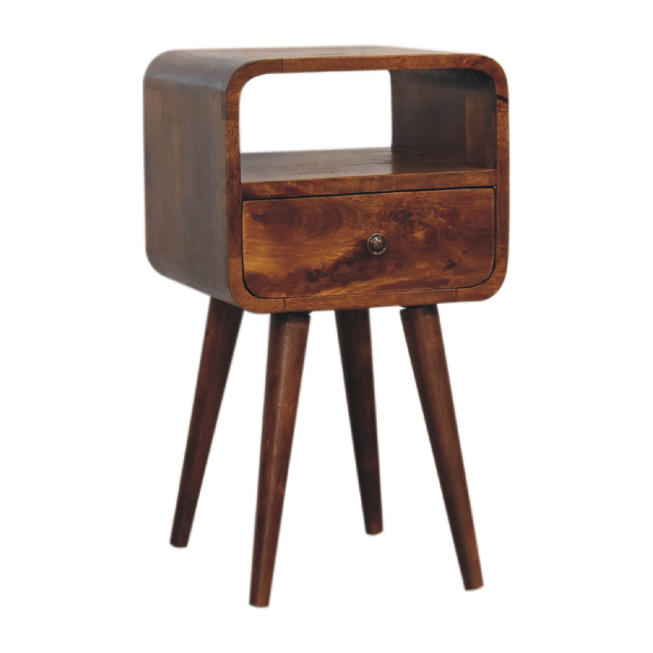 Solid Wood Mini Chestnut Curve Open Bedside with 1 Drawer and Open Shelf, Dark Brown