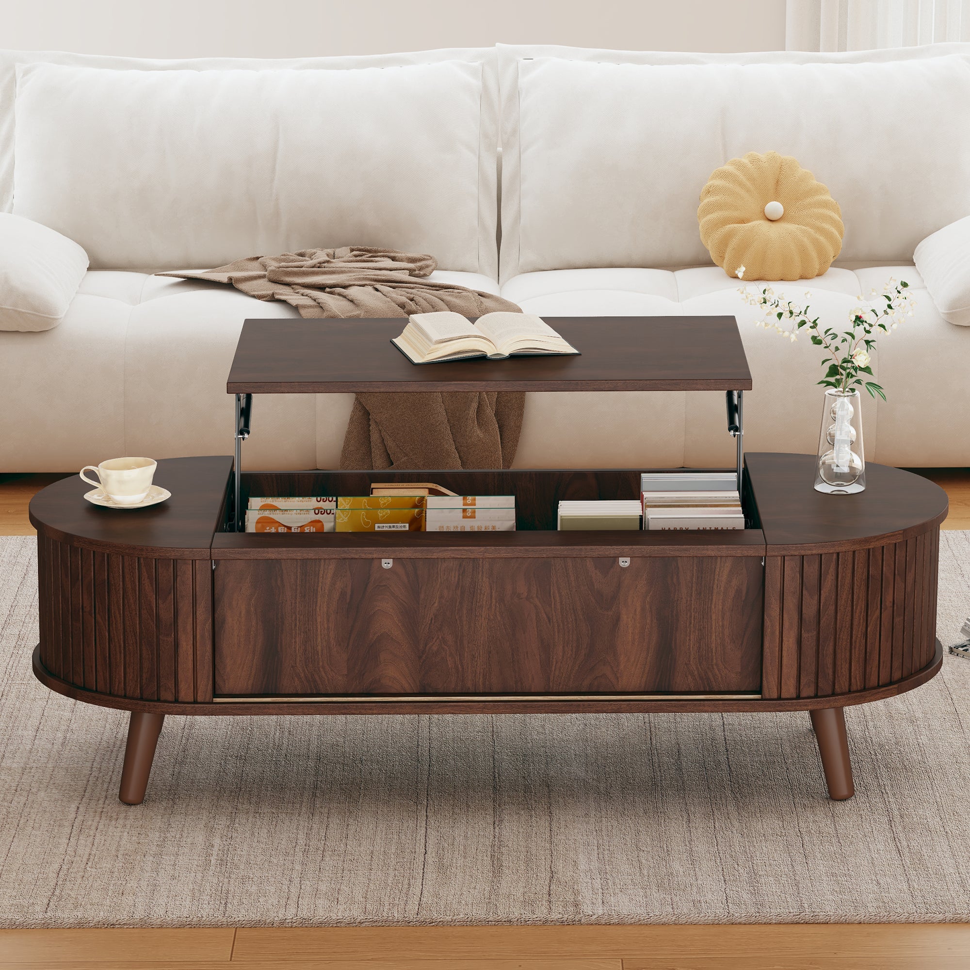 Coffee Table, Liftable with Hidden Storage & 5 Shelves, Walnut