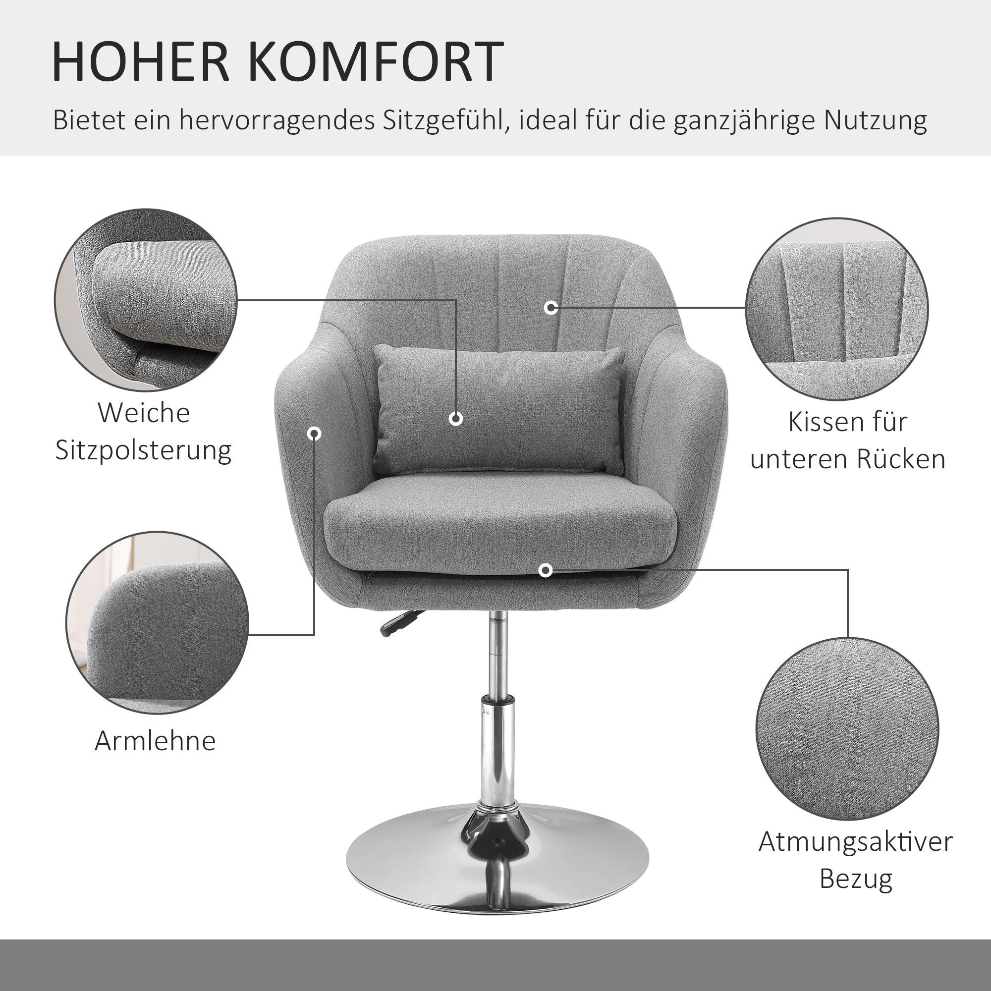 Swivel chair height adjustable accent recliner with back cushion linen grey
