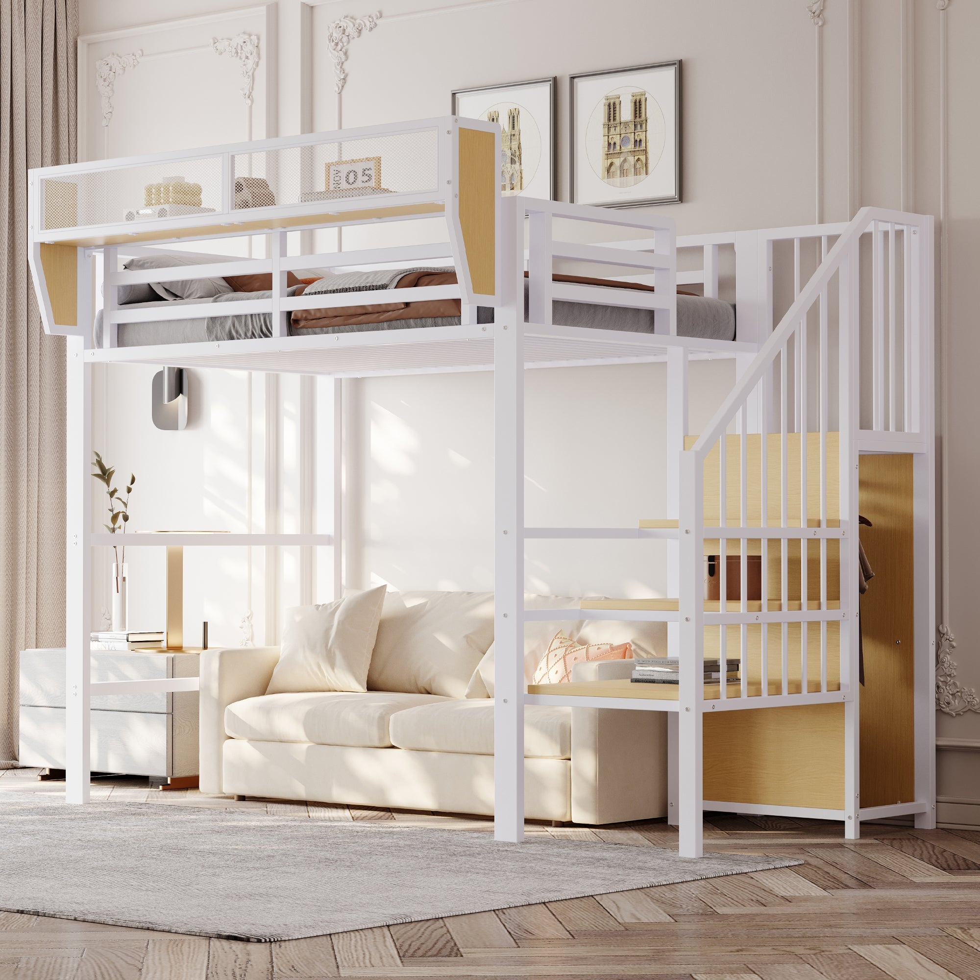 Loft Bed 90x200 Safety Ladder Storage Compartment Metal, White