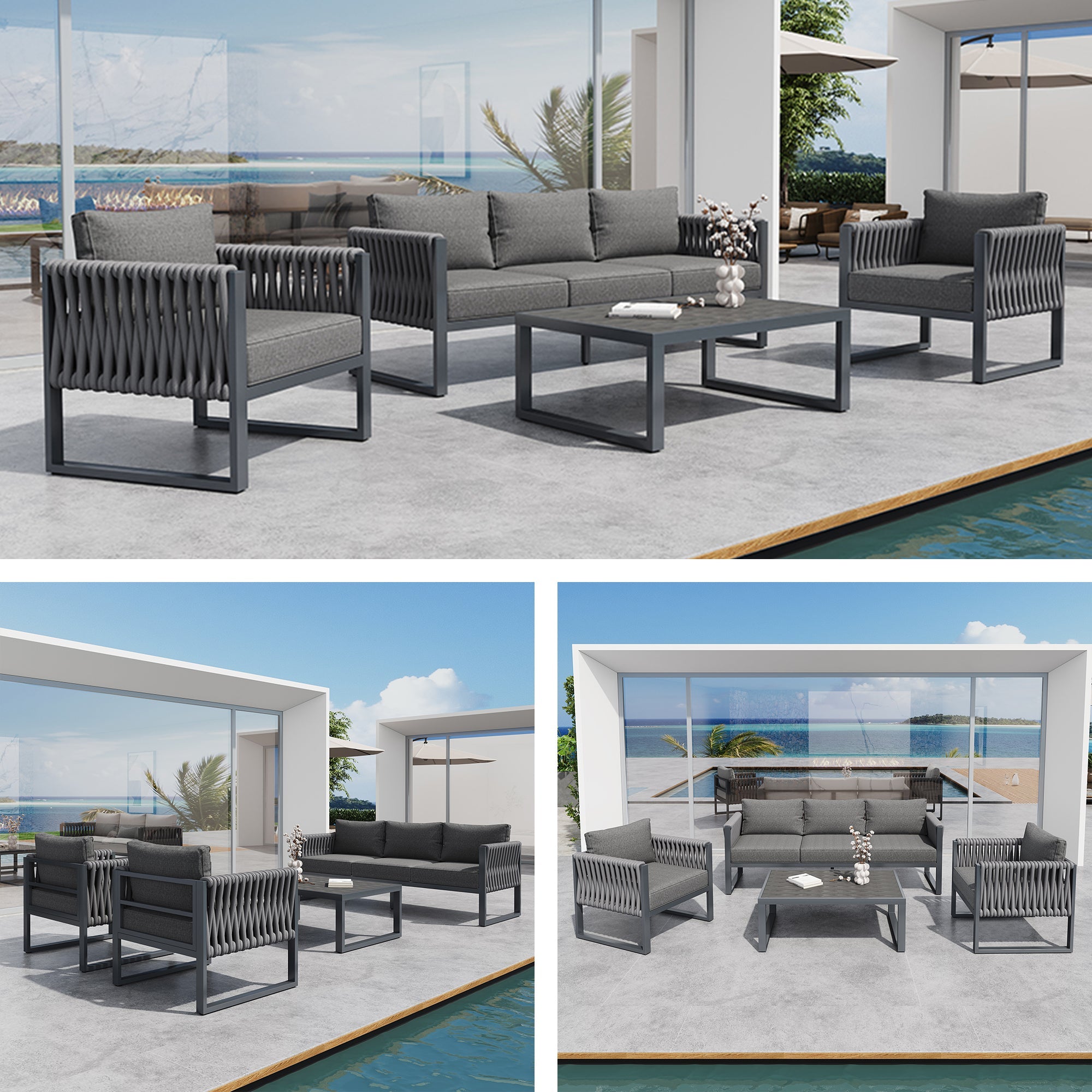 Outdoor Sofa Set 5-Seater Adjustable Feet Rustproof Metal Frame - Grey