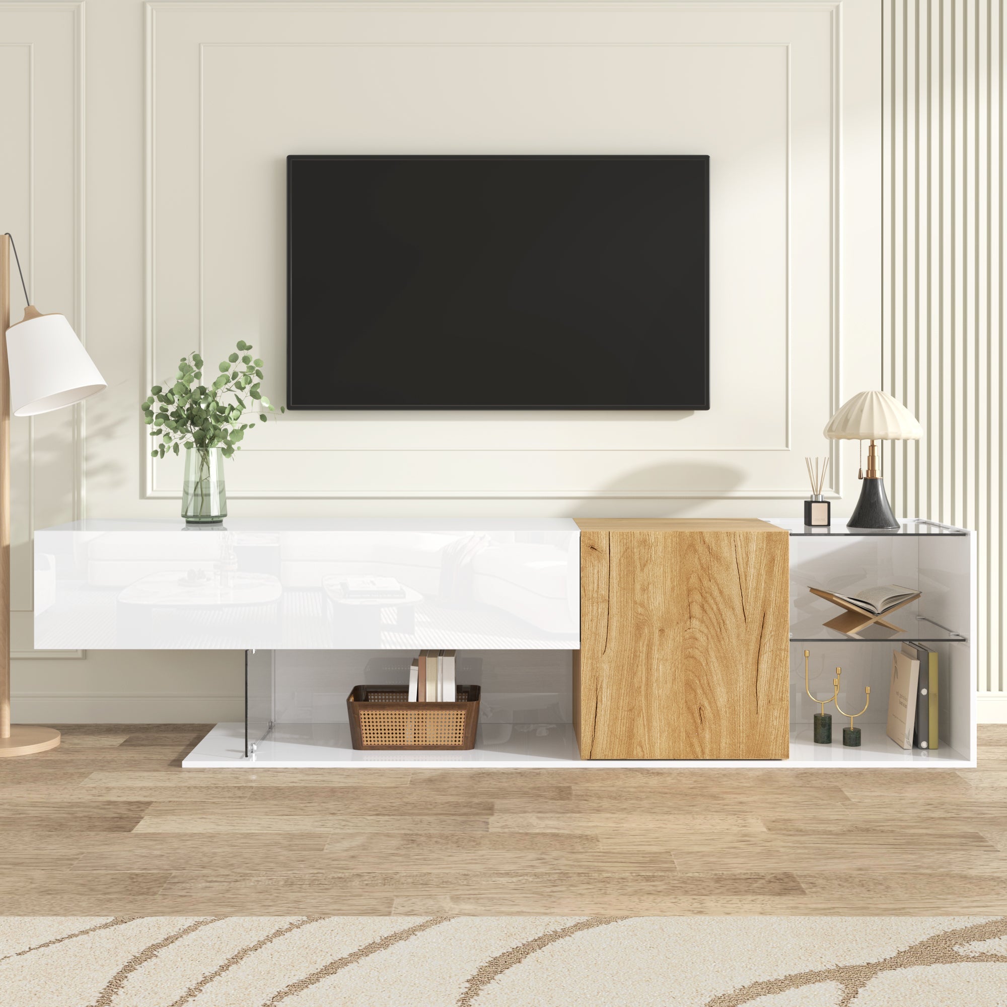 TV Cabinet, Modern High-Gloss with Glass Shelves, White Wood