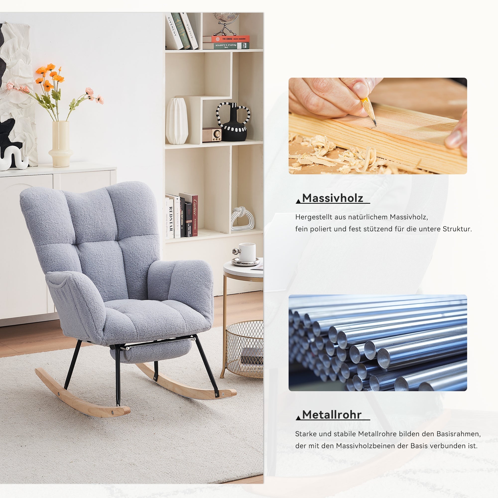 009B Rocking Chair Modern Extendable Footrest, Teddy Fabric Grey