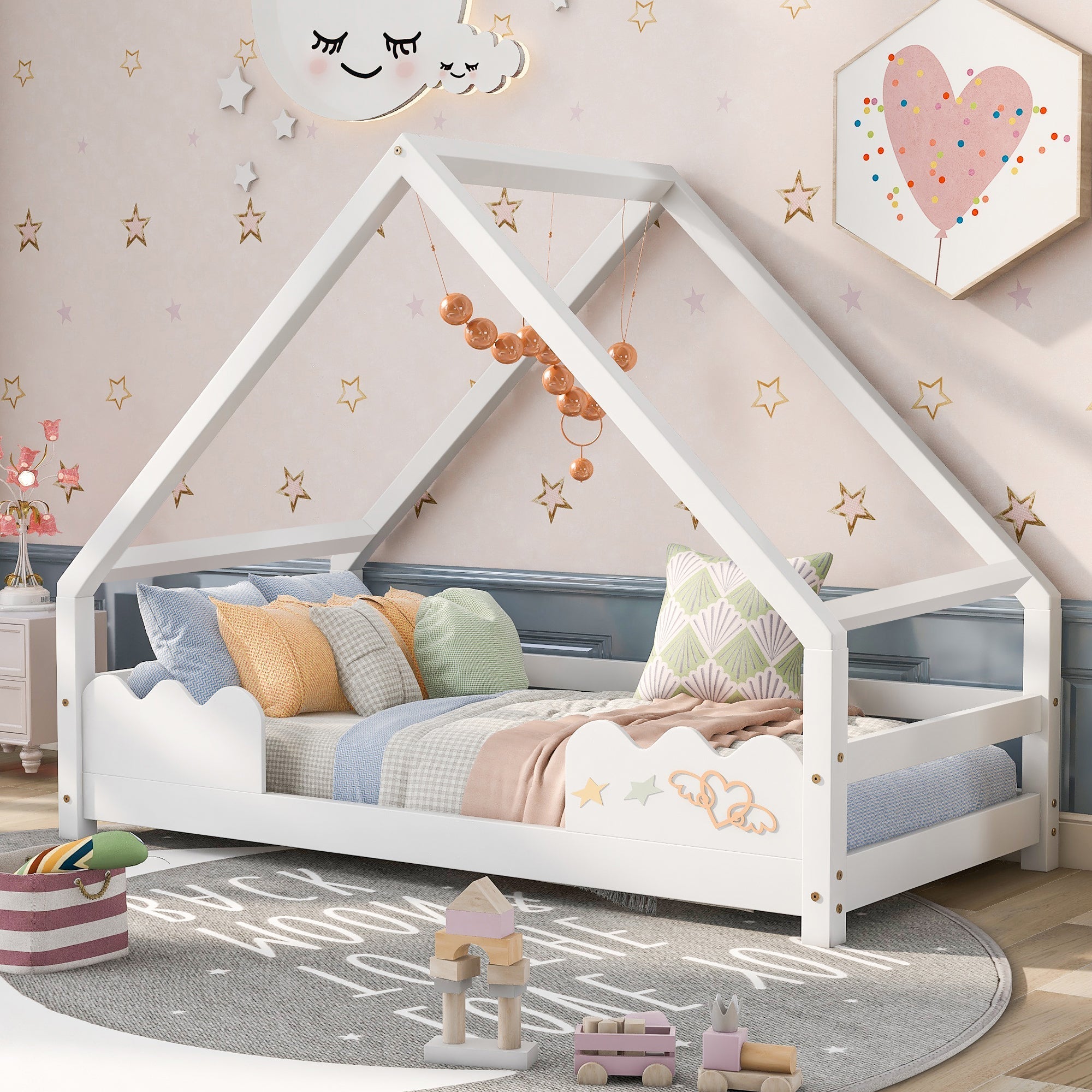 Children's House Bed 90x200cm with Fall Protection, Solid Pine Wood, White