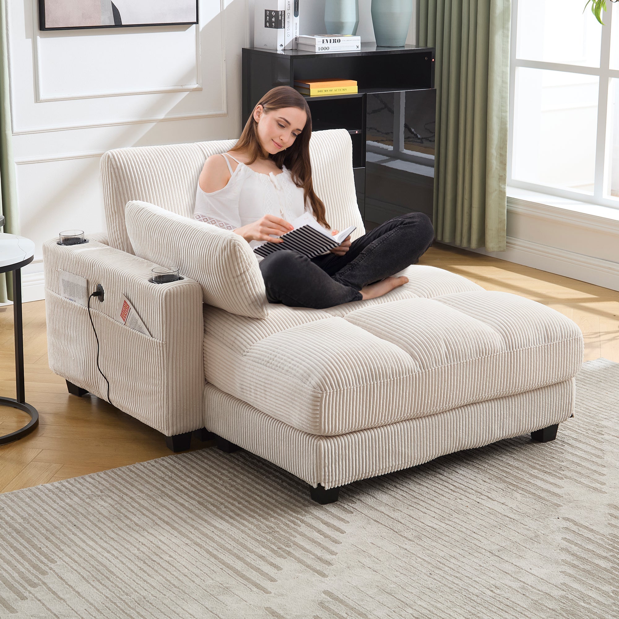 Palm Chair, Fluffy Striped Upholstery with Rolling Cushions & Side Pocket, Beige