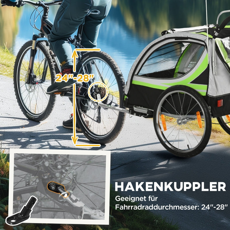 2-in-1-Fahrradanhänger, 2 Kinder, Schiebewagen, Regenverdeck, Bremse, Grün