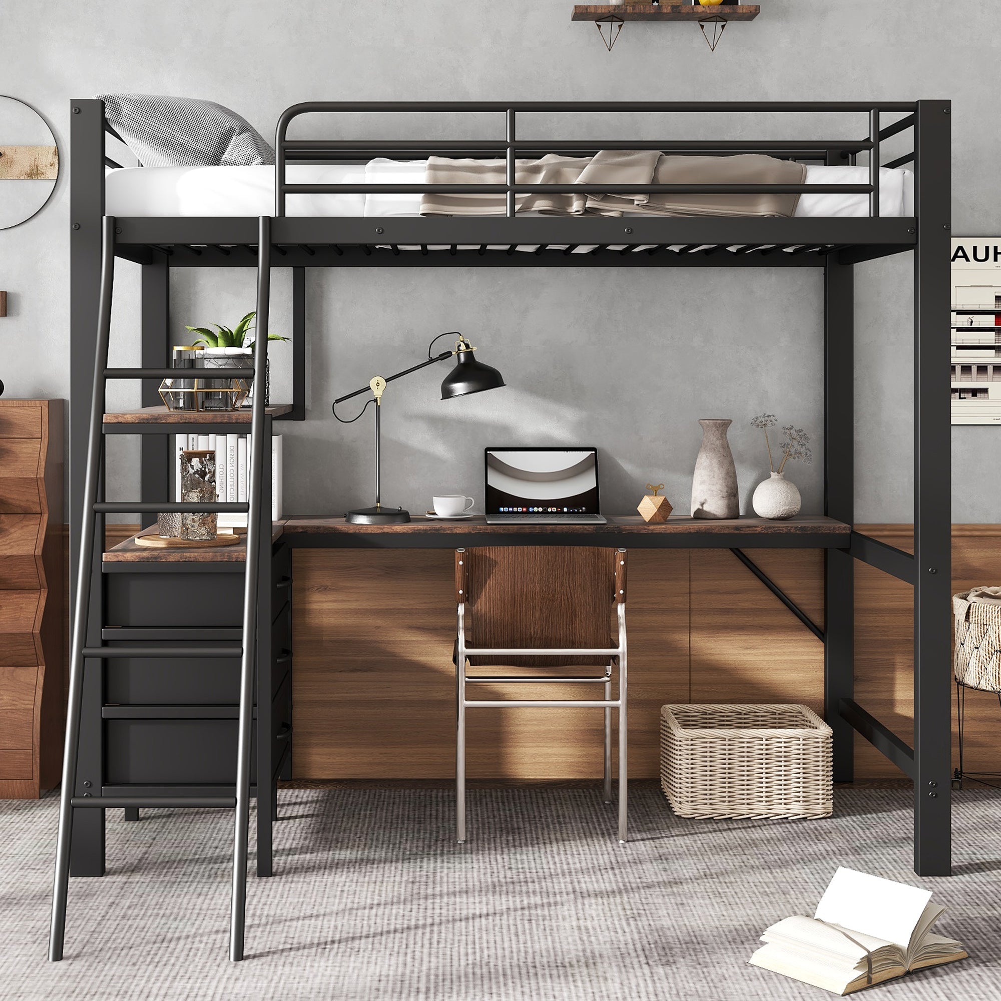 Iron Bunk Bed with Table, 3 Drawers, Ladder, 90x200cm, Black/Dark Walnut
