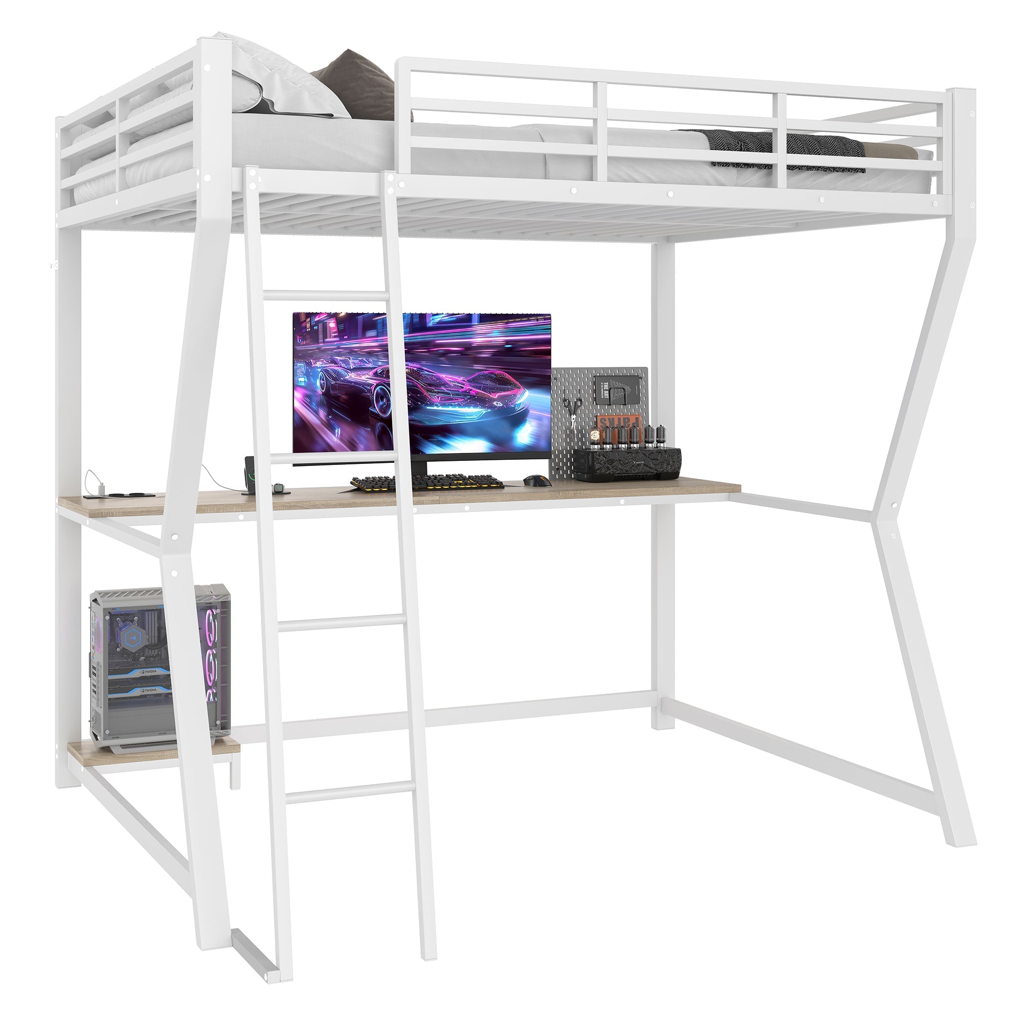 Loft Bed 140x200cm with LED Lights Desk USB/Power Outlet Stairs Storage Shelf White