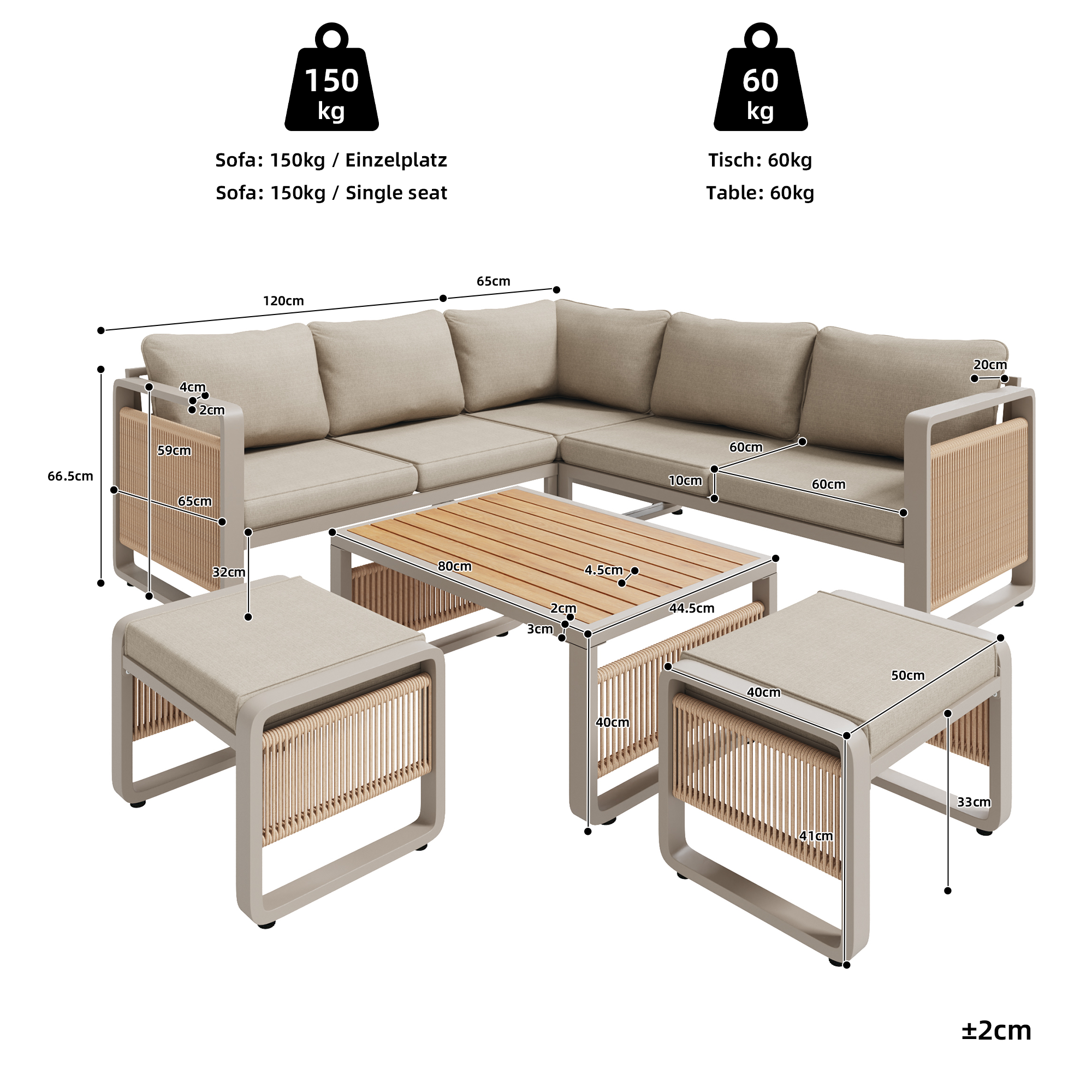 Garden Lounge Chair Set for 6-7 People, Weatherproof Corner Sofa and Lounger, Handwoven Rope and Iron, Beige