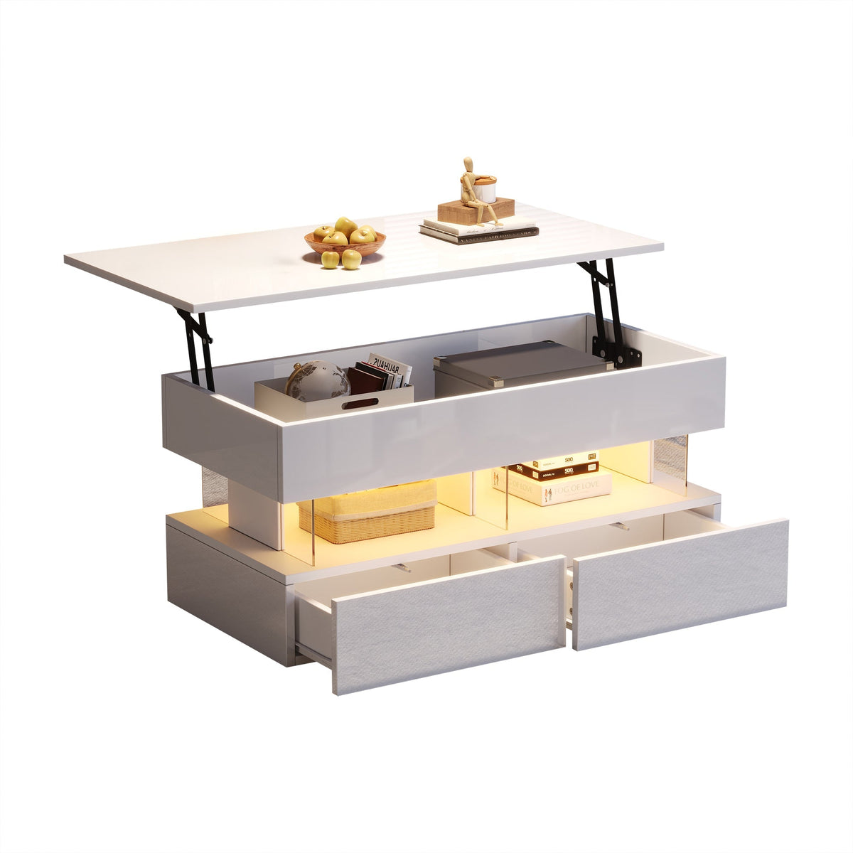 Liftable Coffee Table, Height-Adjustable Hidden Storage LED 2 Drawers, White MDF/Acrylic