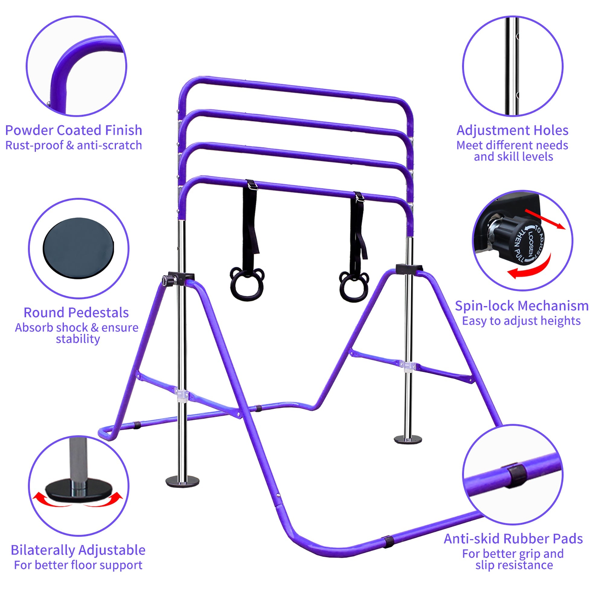 Adjustable Gymnastics Bar, Height-Adjustable Extendable Steel, Purple