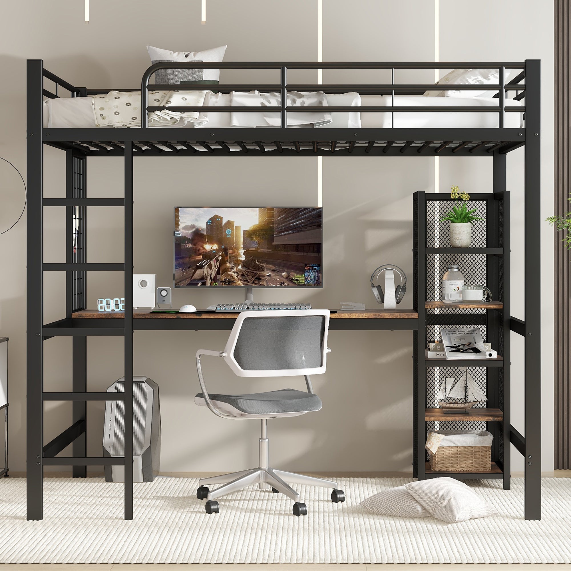 Loft Bed 90x200cm with Table and Shelving Unit, Iron/MDF Black/Dark Wood