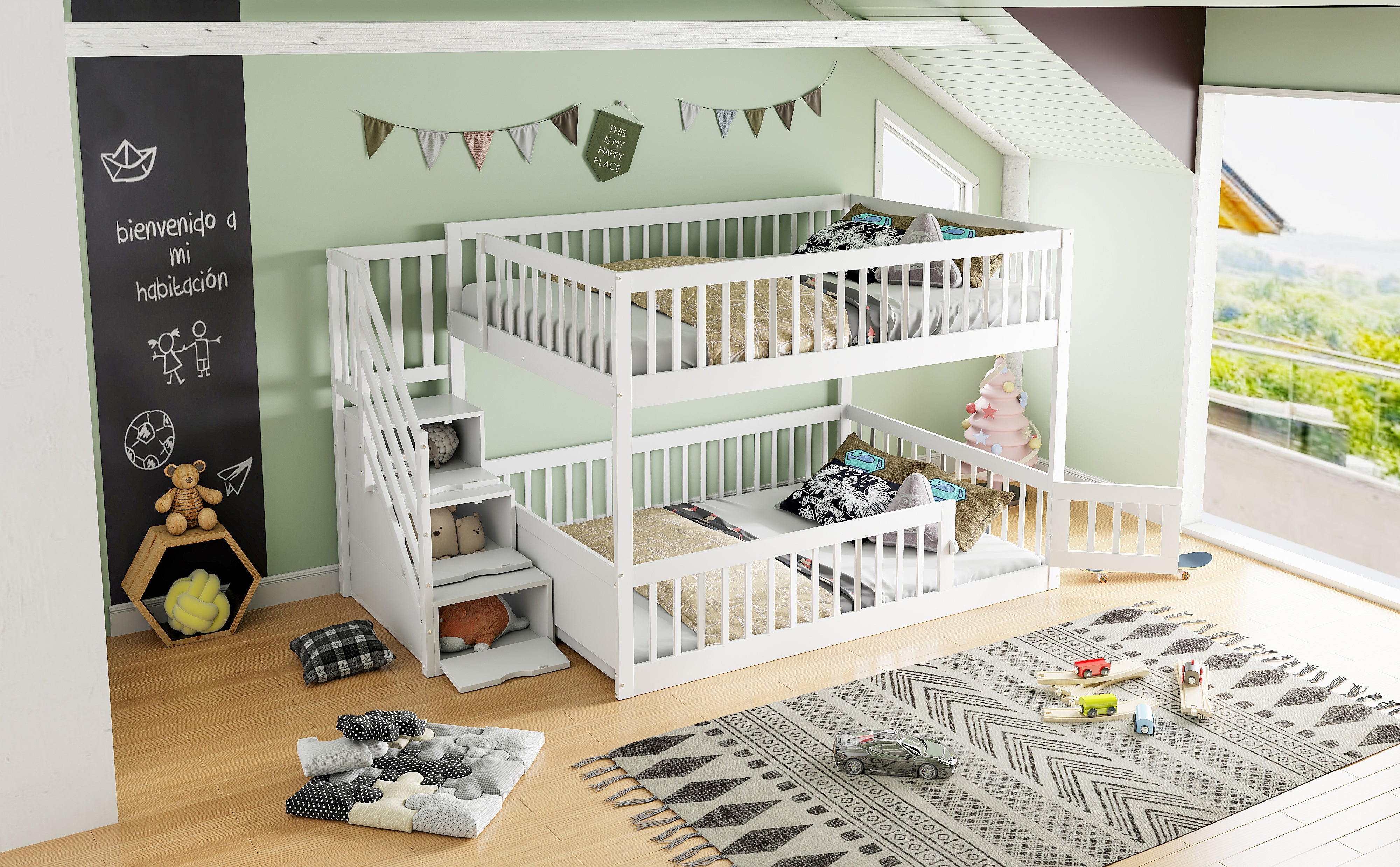 Bunk Bed 140x200, with Safety Stairs and Storage Drawers, White Wood