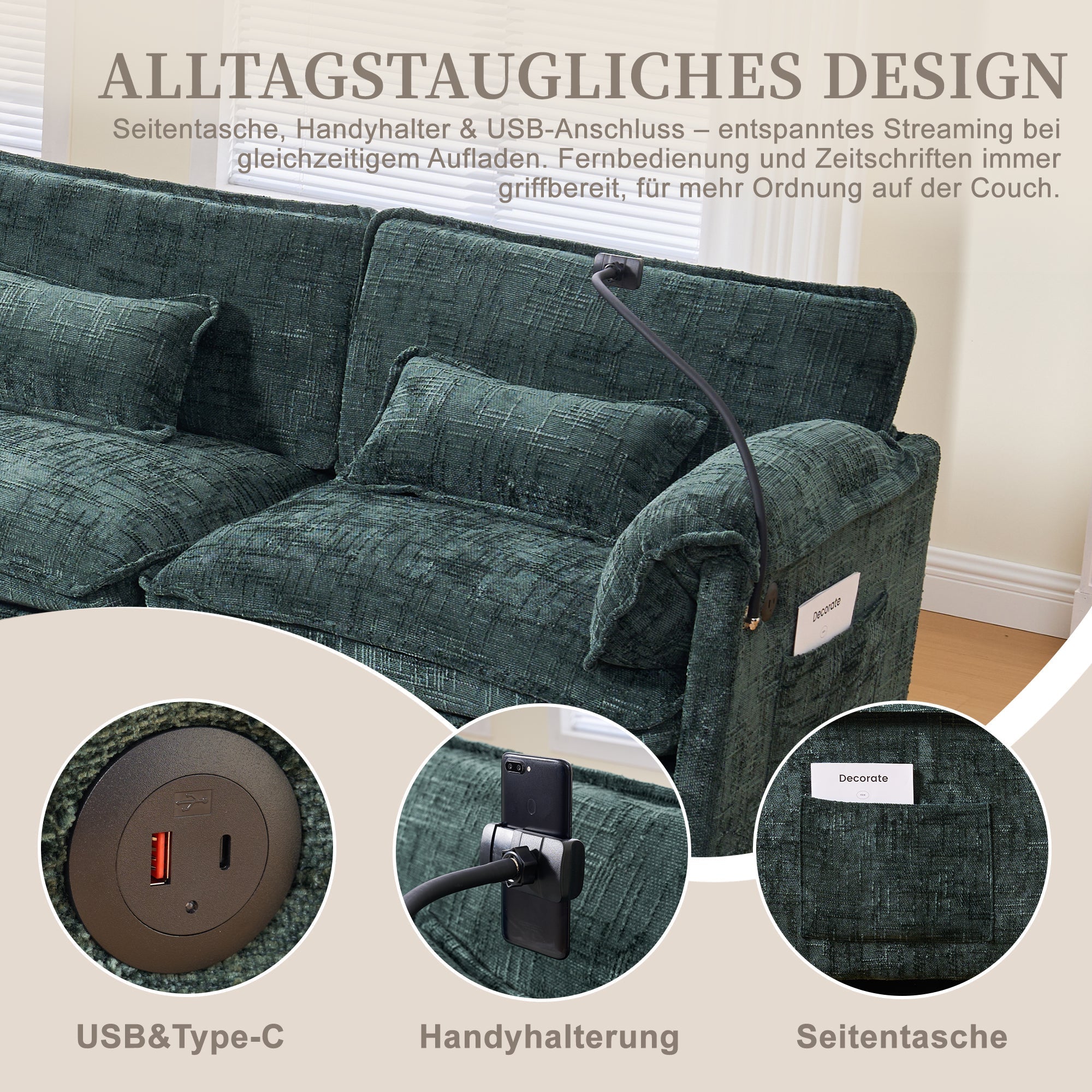 Modern 2-seater Sofa, USB Port Side Storage, Modular Footstool, Chenille Emerald