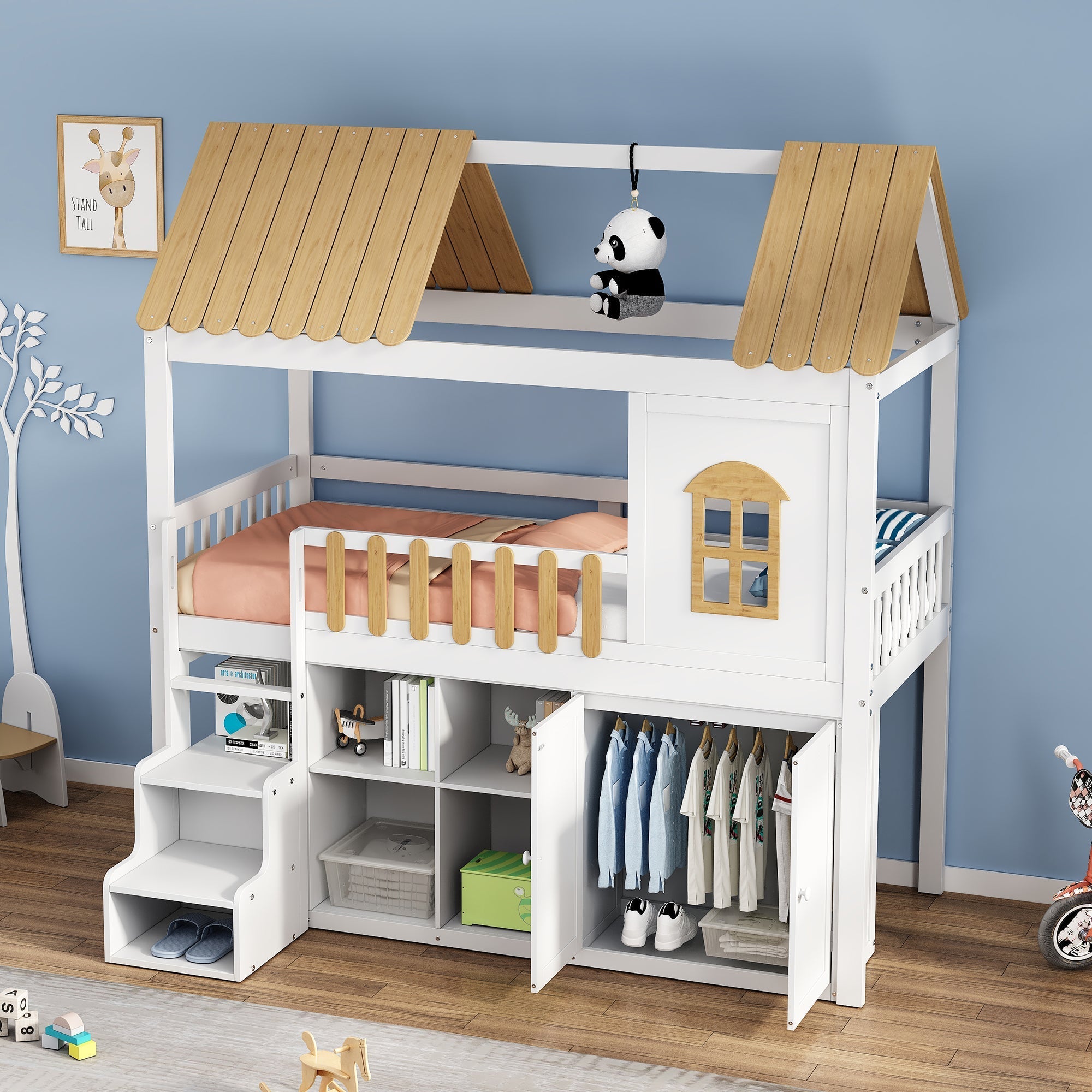 Bunk Bed, Storage, Wardrobe, Shoe Cabinet, Safe Steps, Pine, White & Natural