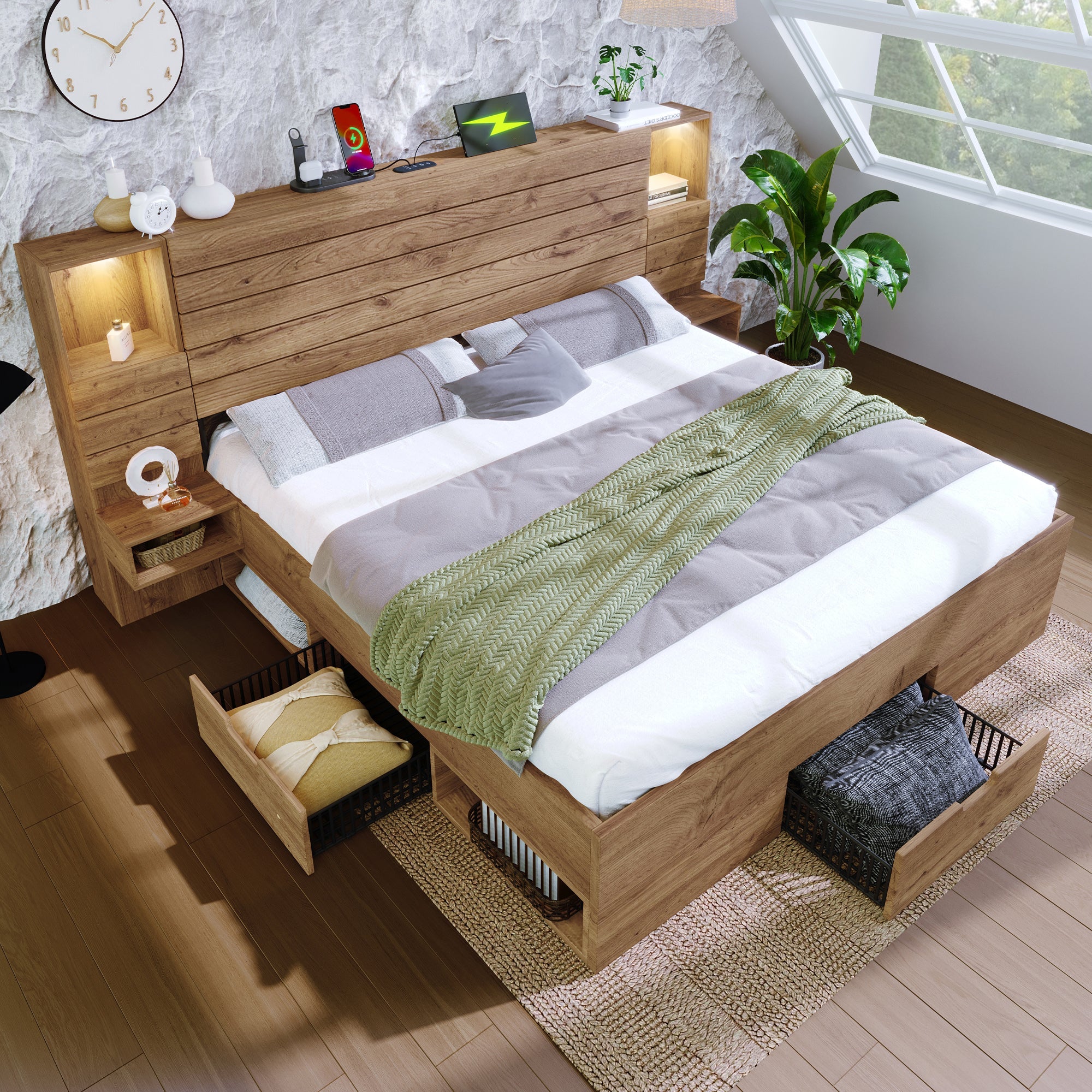 Wooden Double Bed with LED, USB Type-C, Floating Bedside Tables and Storage, 160x200cm, Oak Look