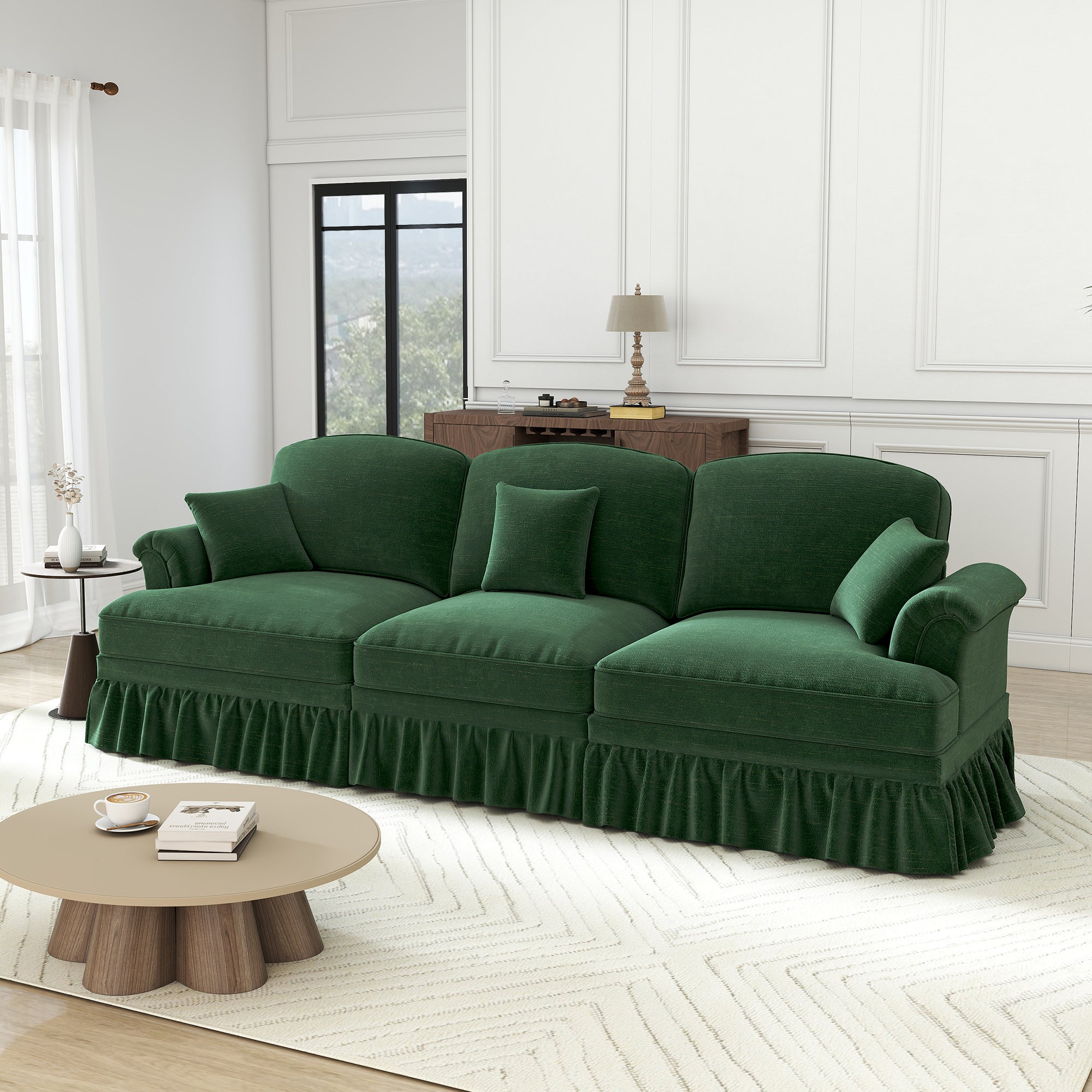 3-Seater Sofa Mid-Century Chenille Ruffled Apron Spindle Legs - Green