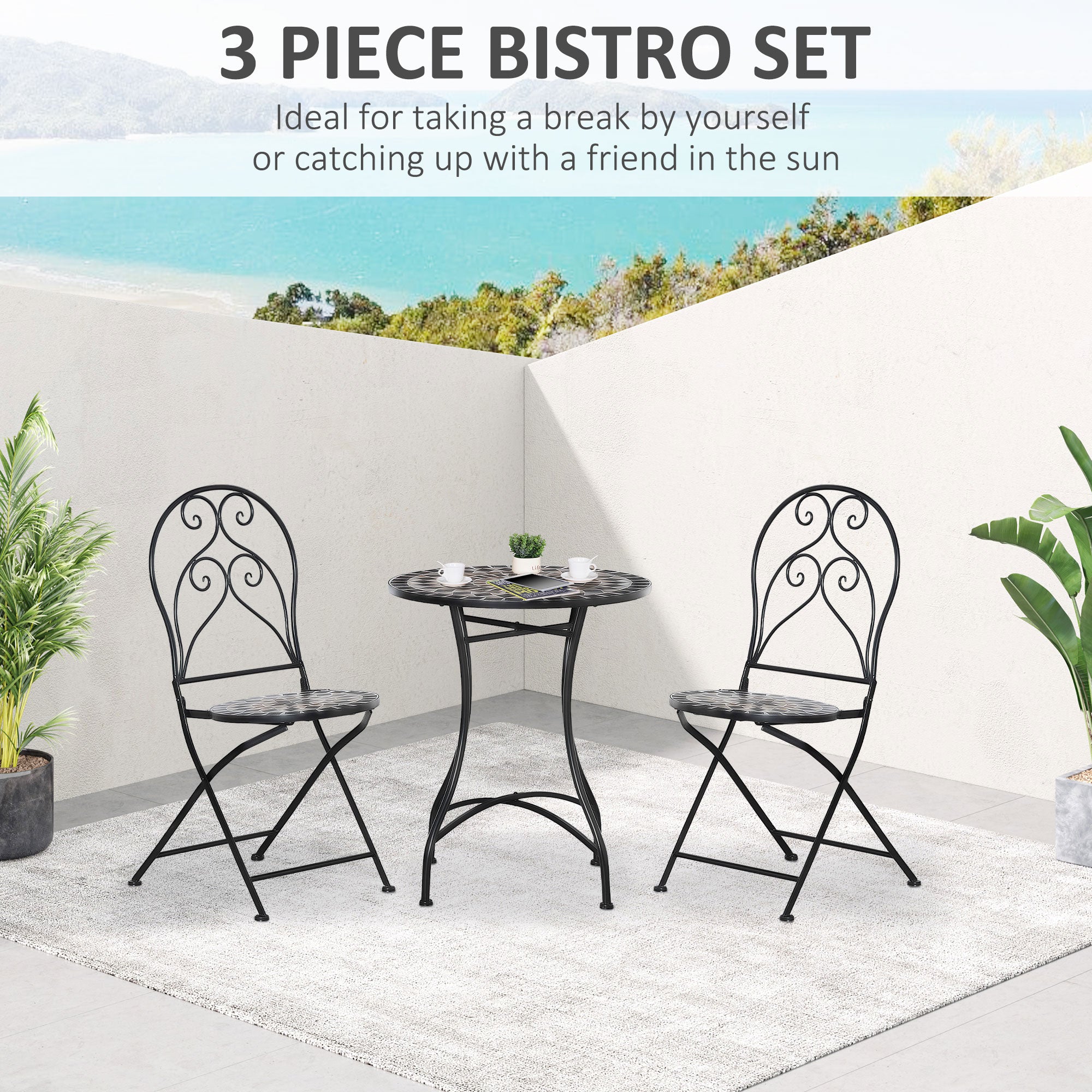 3 Piece Garden Bistro Set, Mosaic Tile Top, 2 Folding Chairs, Metal Frame, Black