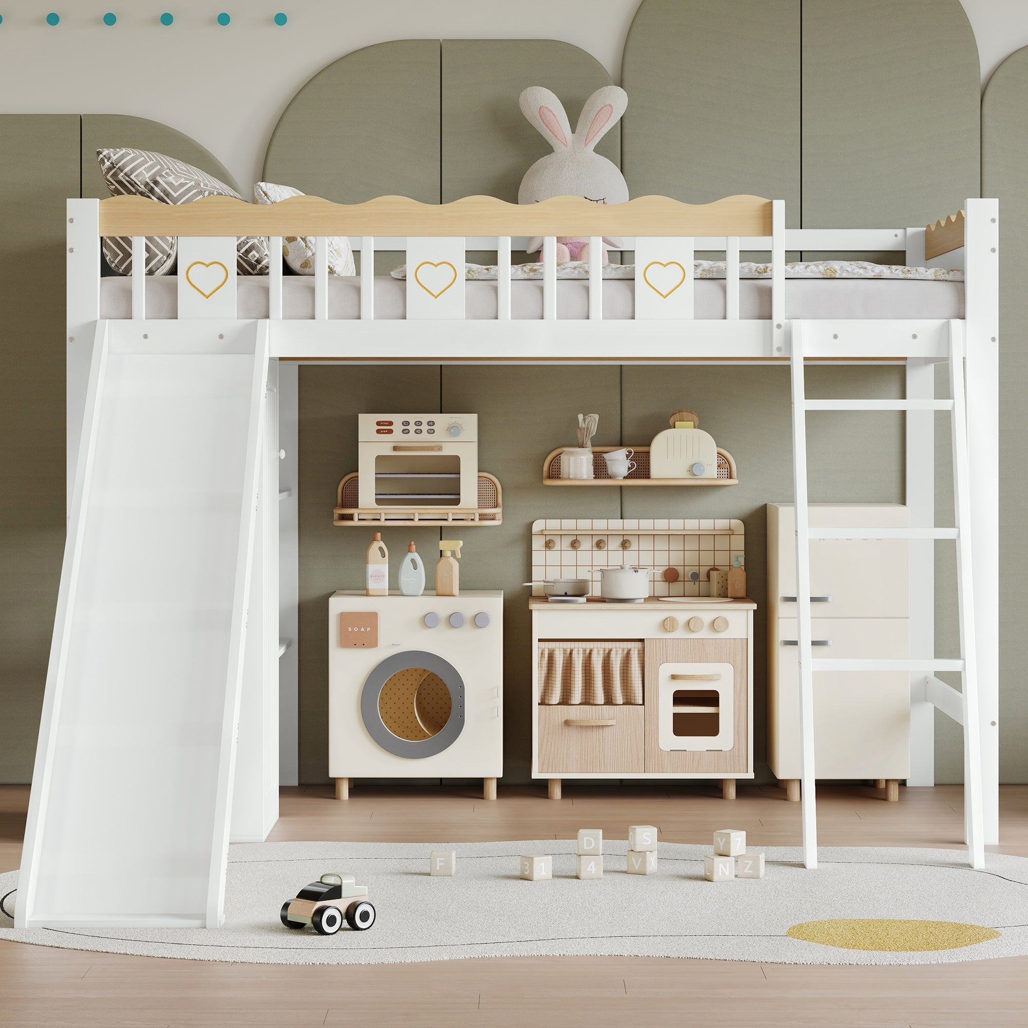 Loft Bed with Slide & Storage, Pine + MDF + Plywood, White + Natural
