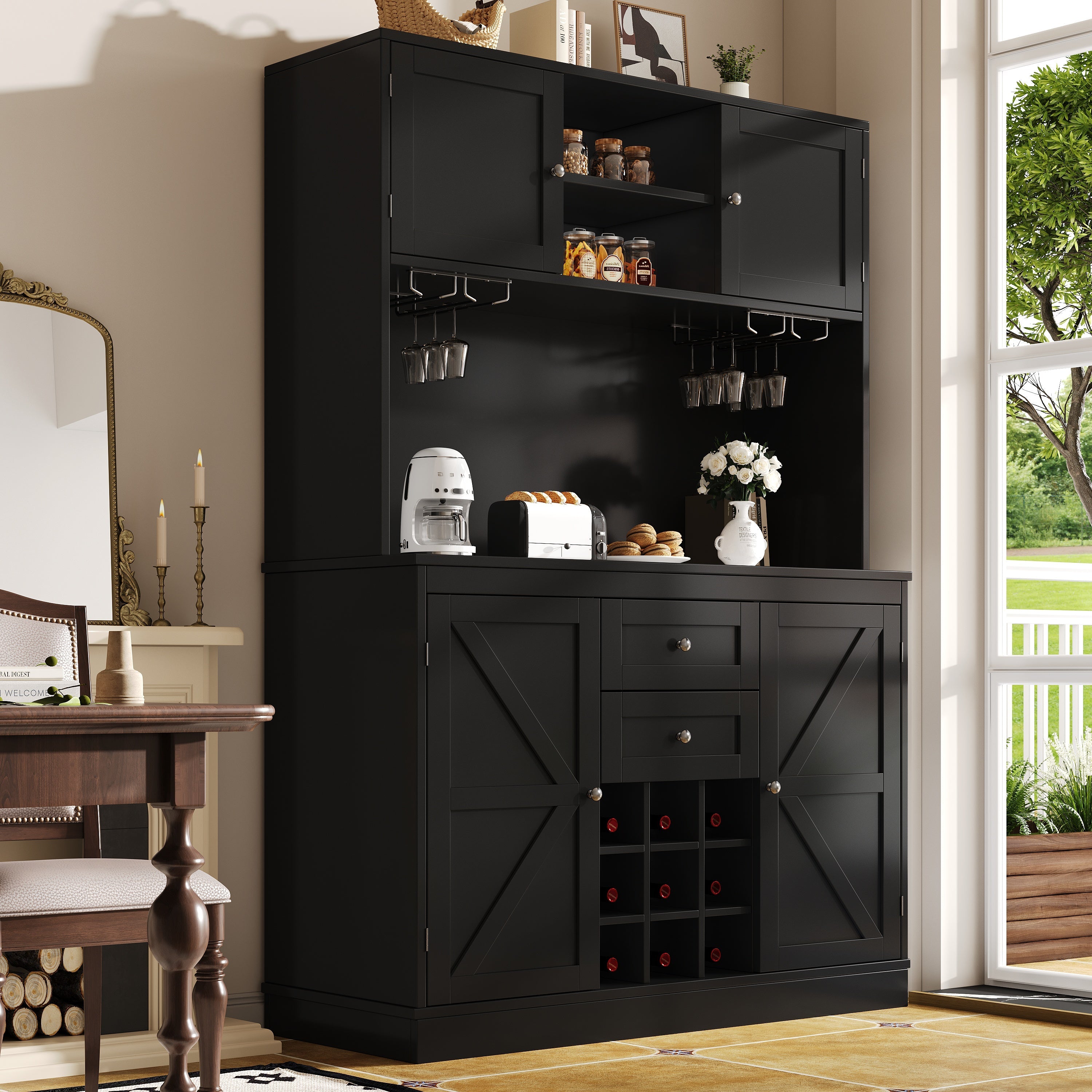 Kitchen Buffet Cabinet with 4 Doors and 2 Drawers, Adjustable Shelves and Wine Rack, Black